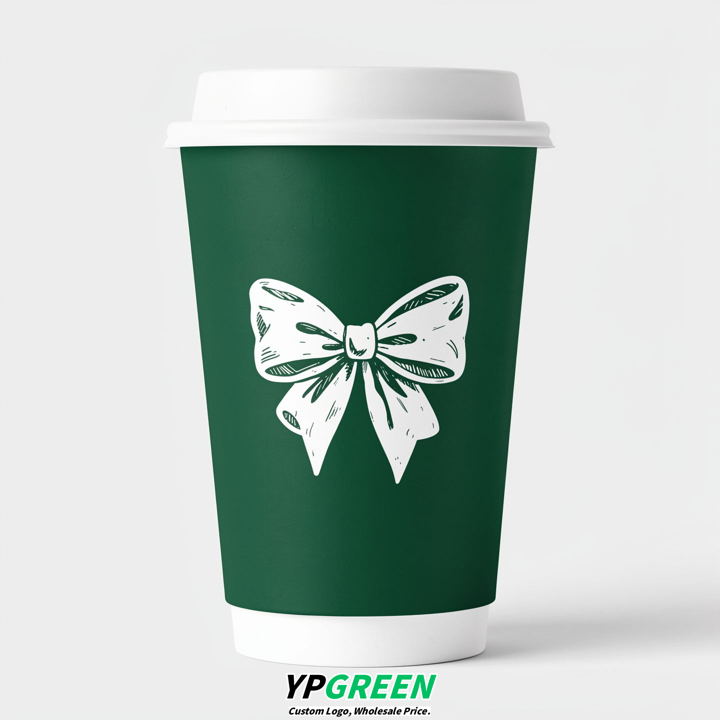 Emerald Green Paper Cups with Bow Logo & Lids 8-24oz