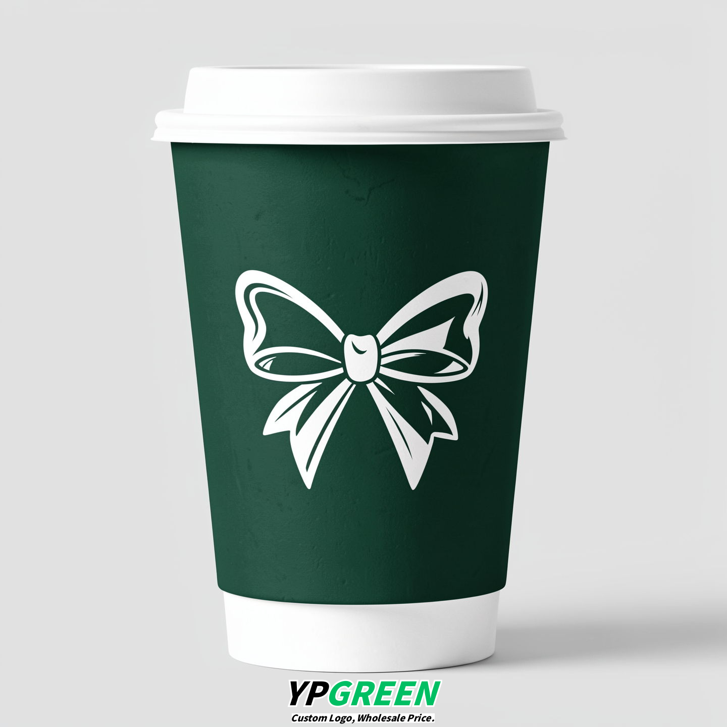 Emerald Green Paper Cups with Bow Logo & Lids 8-24oz
