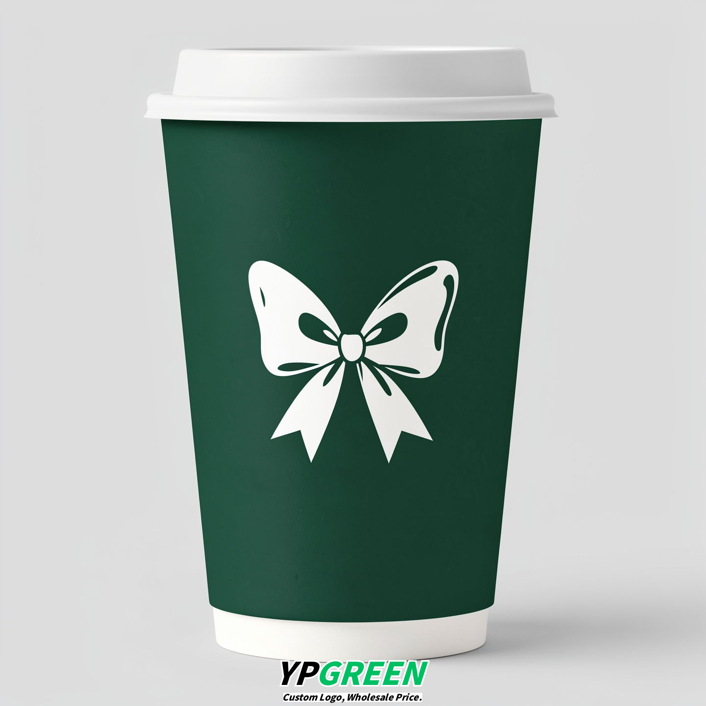 Emerald Green Paper Cups with Bow Logo & Lids 8-24oz
