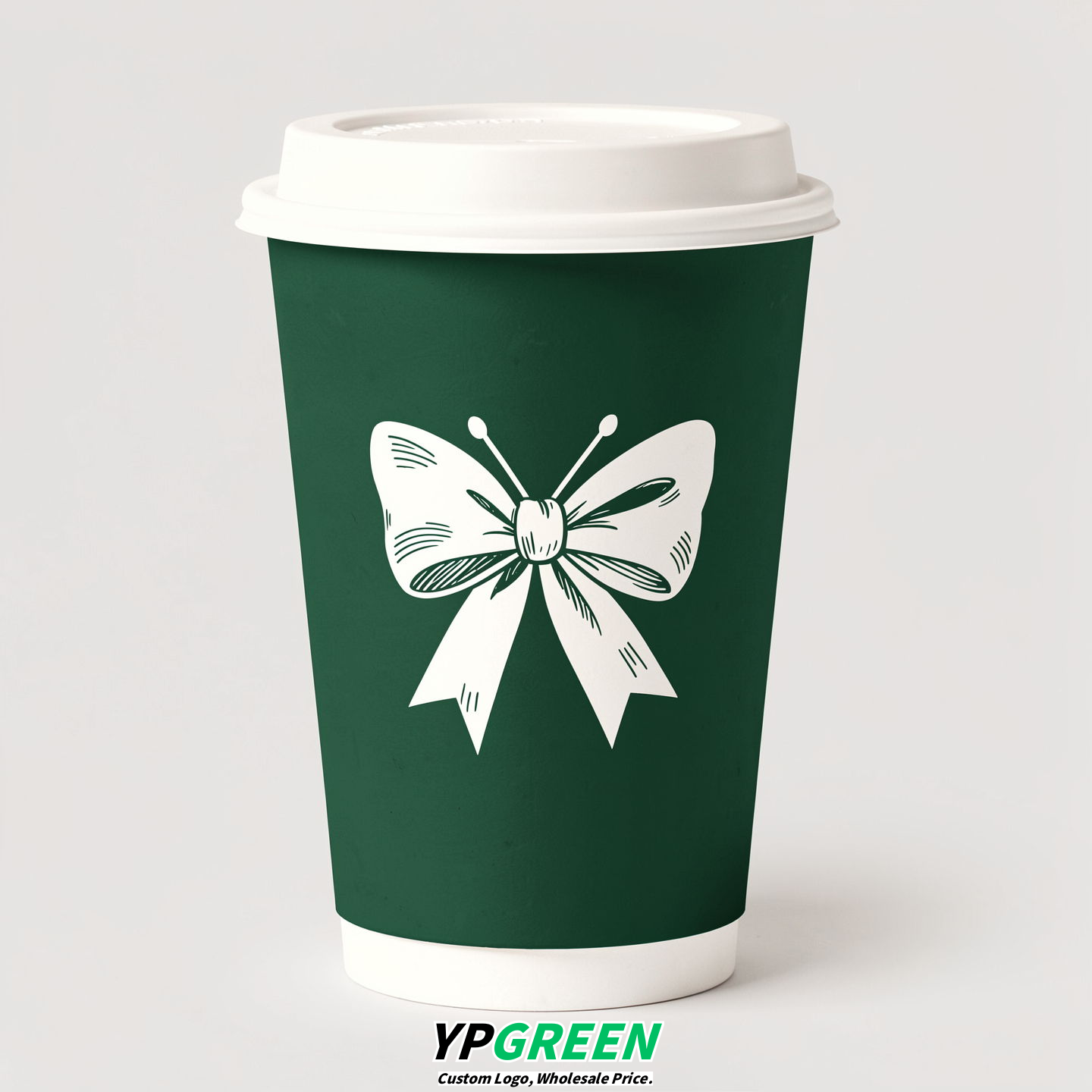 Emerald Green Paper Cups with Bow Logo & Lids 8-24oz
