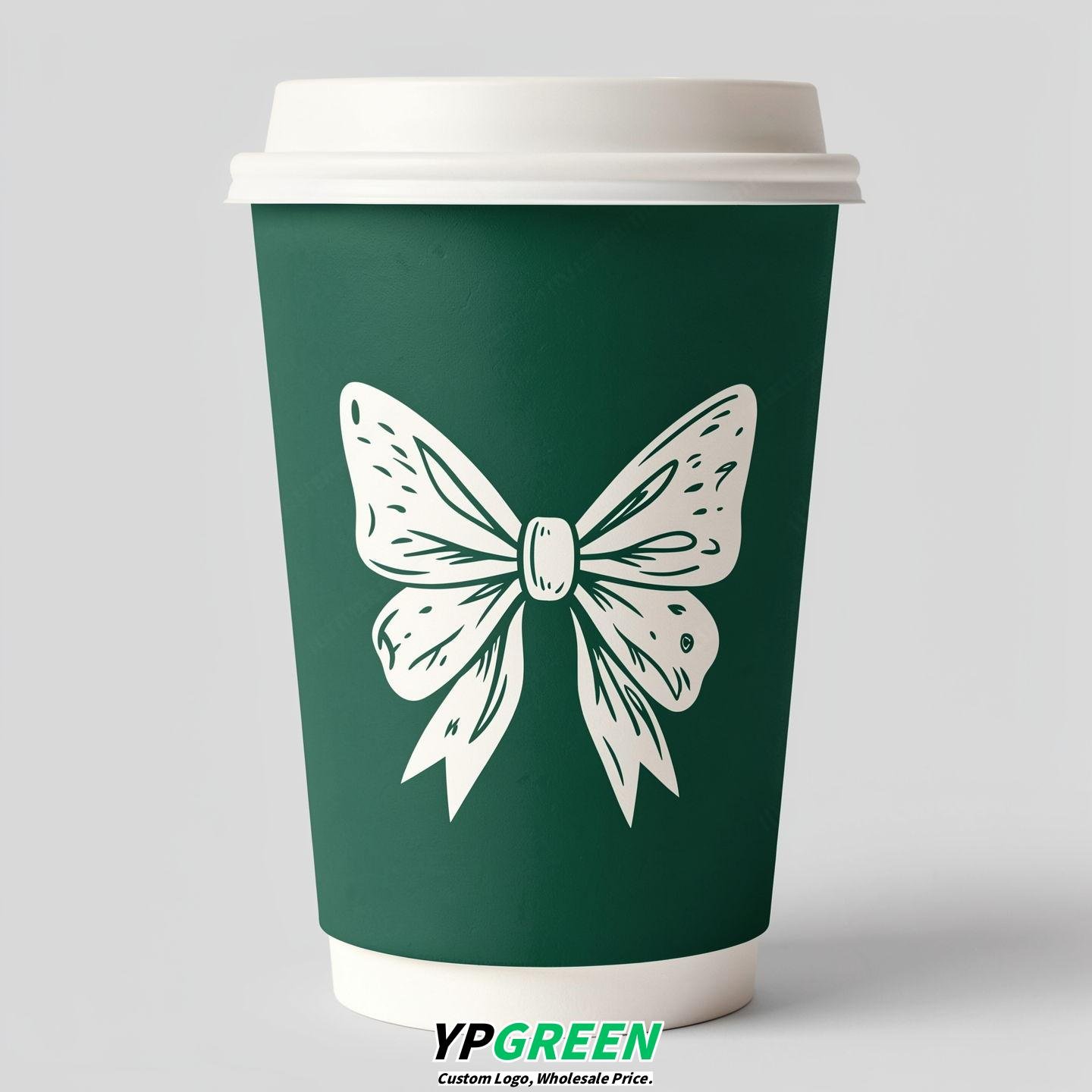 Emerald Green Paper Cups with Bow Logo & Lids 8-24oz