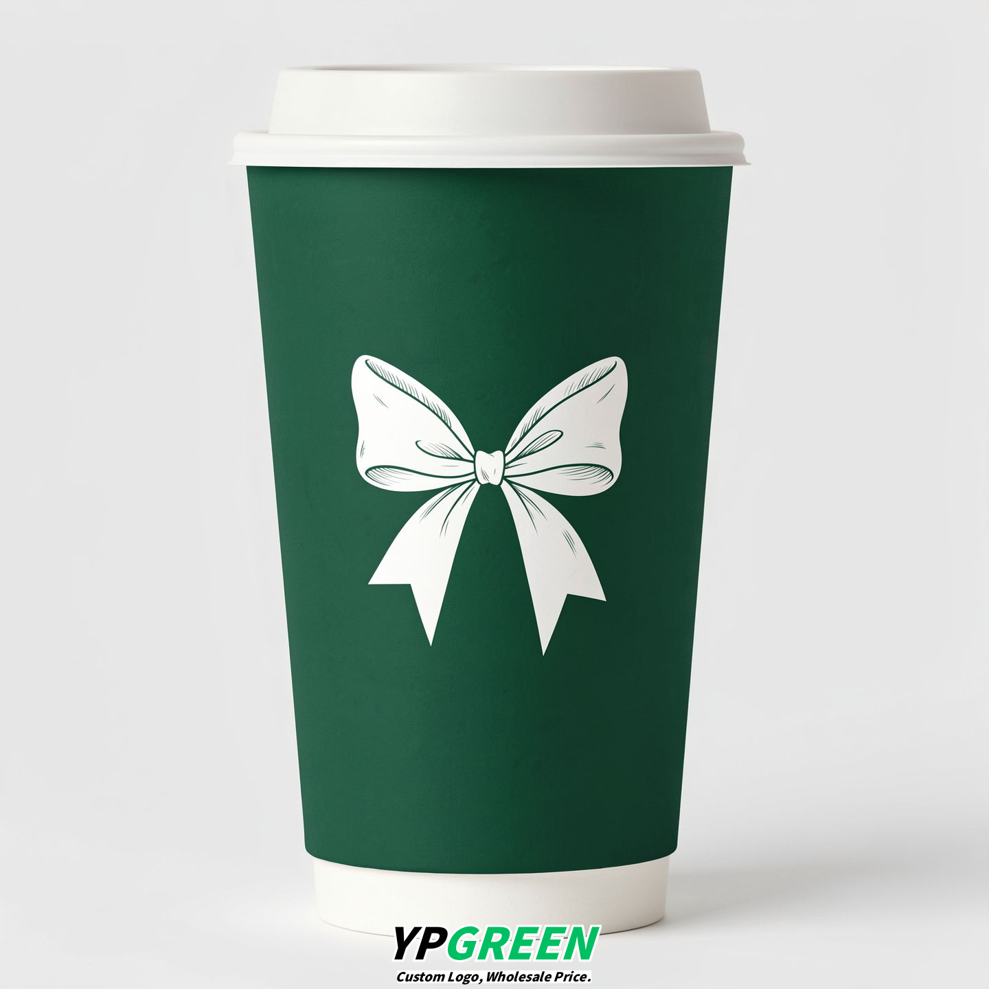 Emerald Green Paper Cups with Bow Logo & Lids 8-24oz