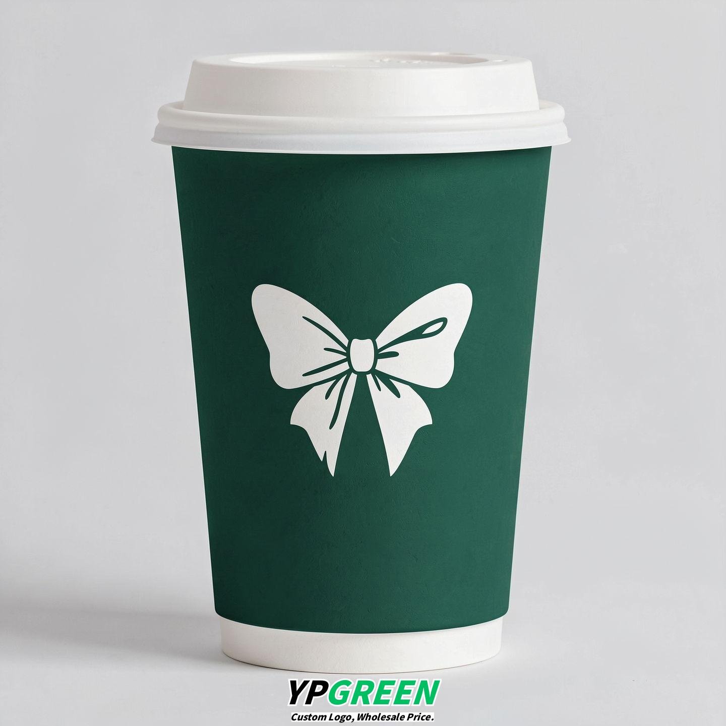 Emerald Green Paper Cups with Bow Logo & Lids 8-24oz