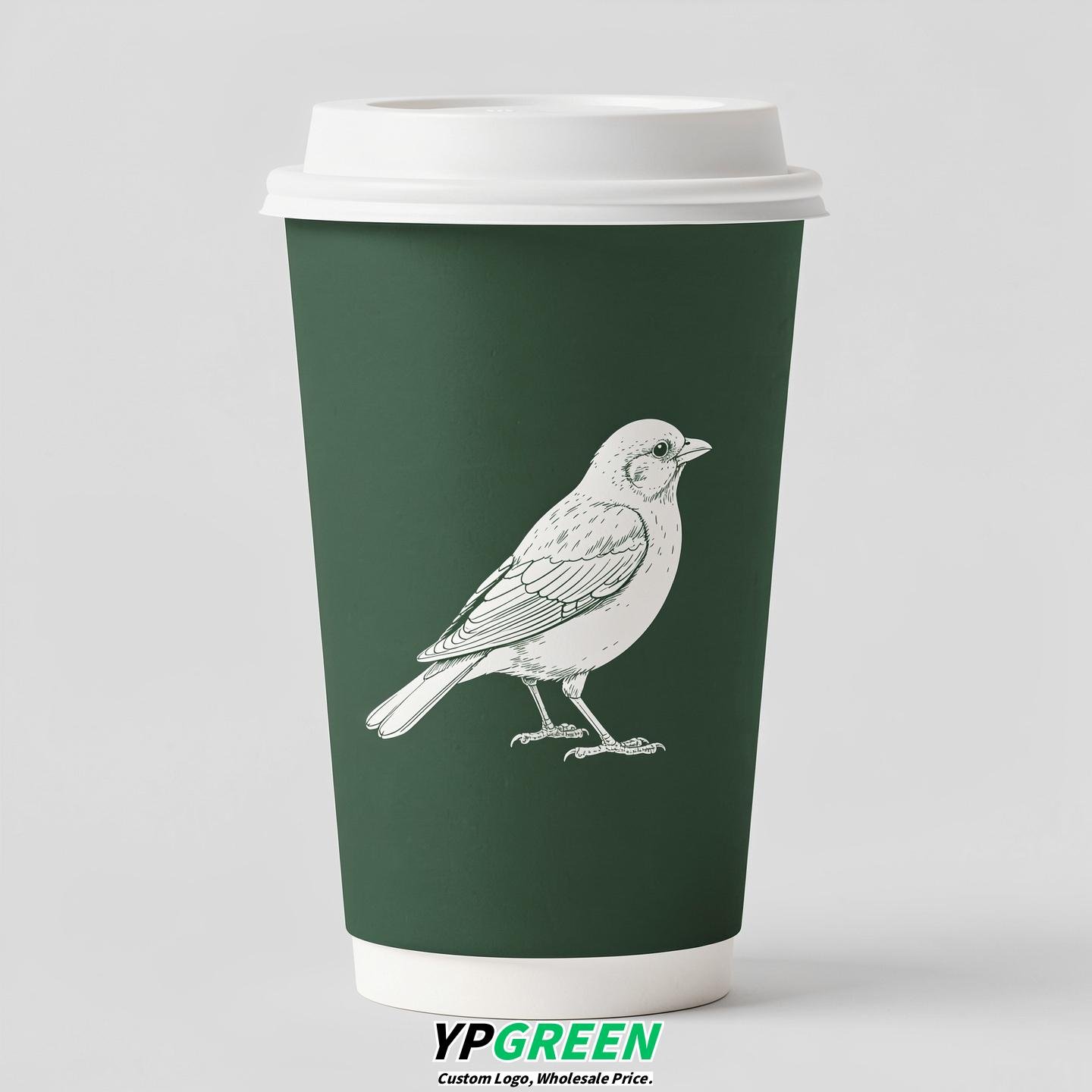 Forest Green Paper Cups with Bird Logo & Lids 8-24oz