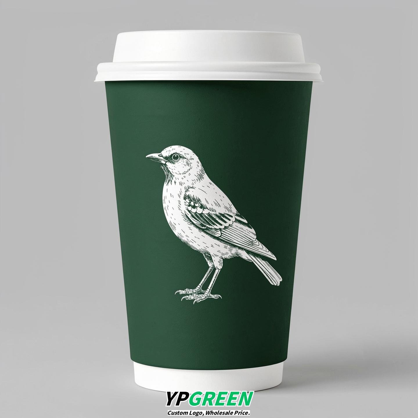 Forest Green Paper Cups with Bird Logo & Lids 8-24oz