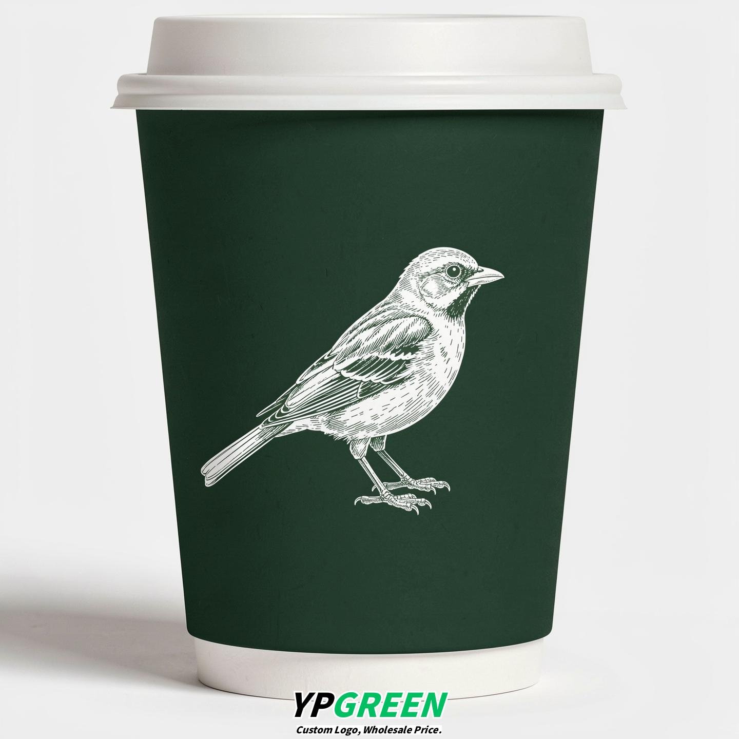 Forest Green Paper Cups with Bird Logo & Lids 8-24oz