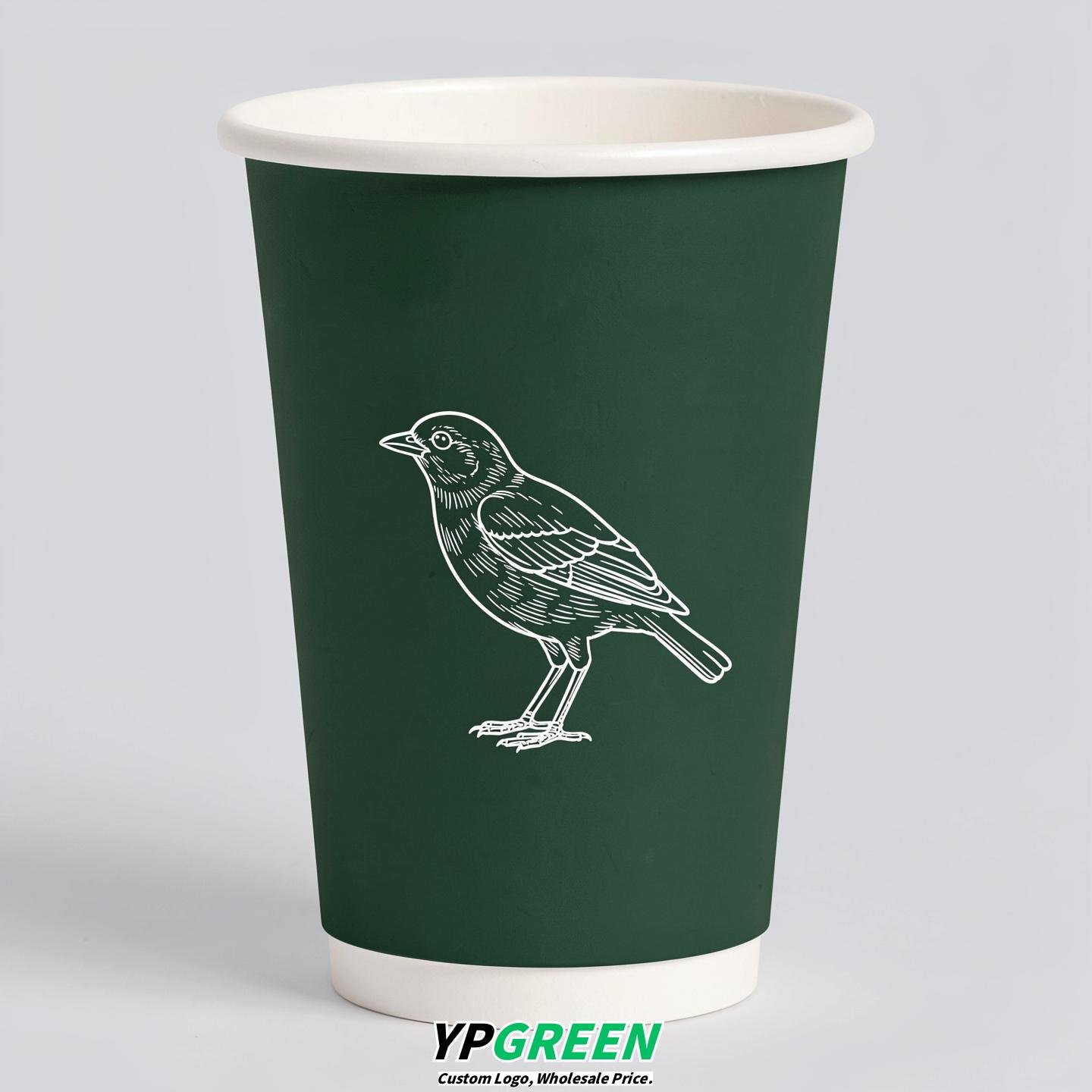 Forest Green Paper Cups with Bird Logo & Lids 8-24oz