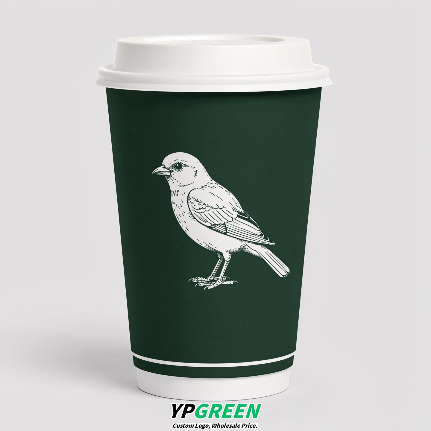 Forest Green Paper Cups with Bird Logo & Lids 8-24oz