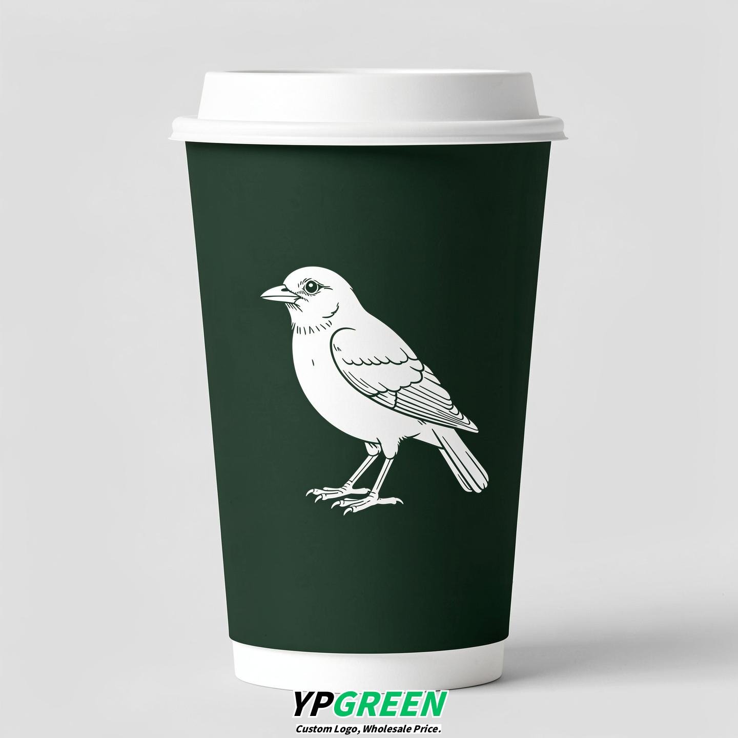 Forest Green Paper Cups with Bird Logo & Lids 8-24oz