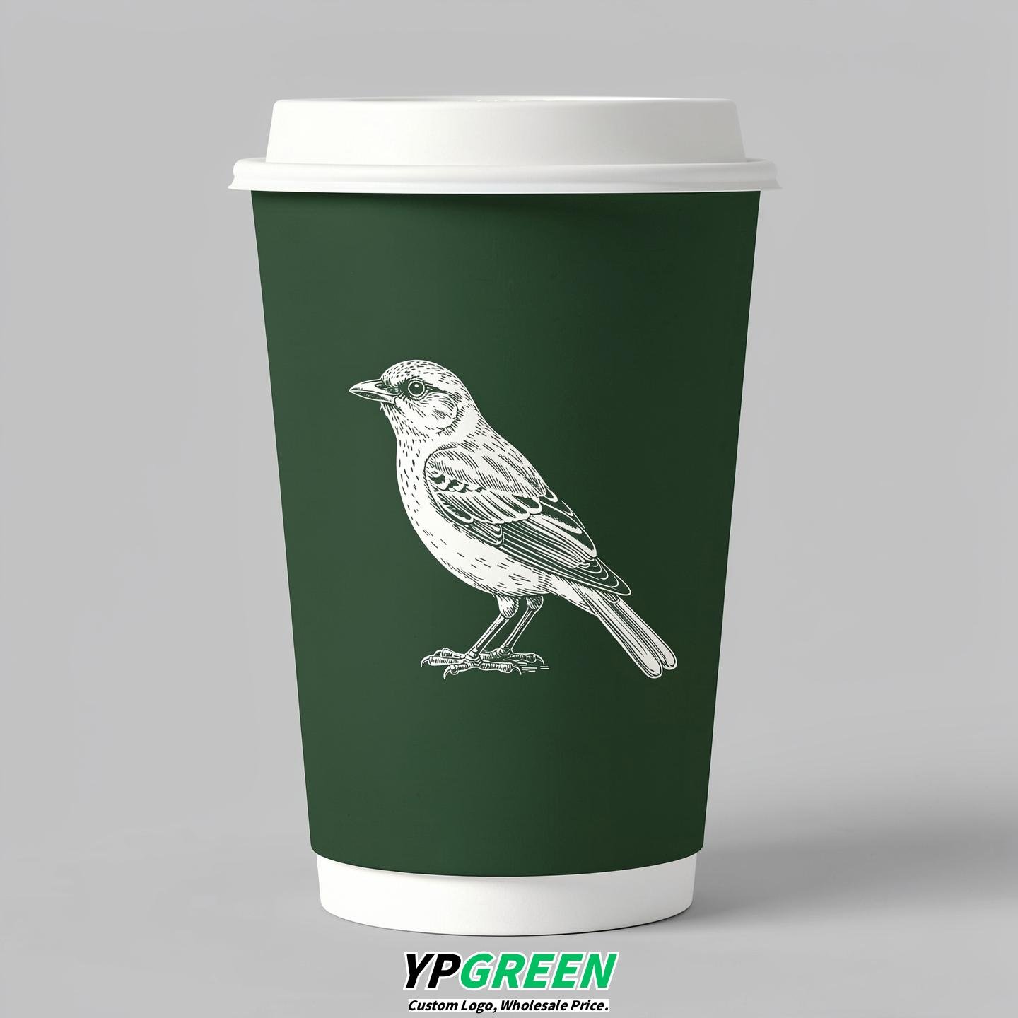 Forest Green Paper Cups with Bird Logo & Lids 8-24oz