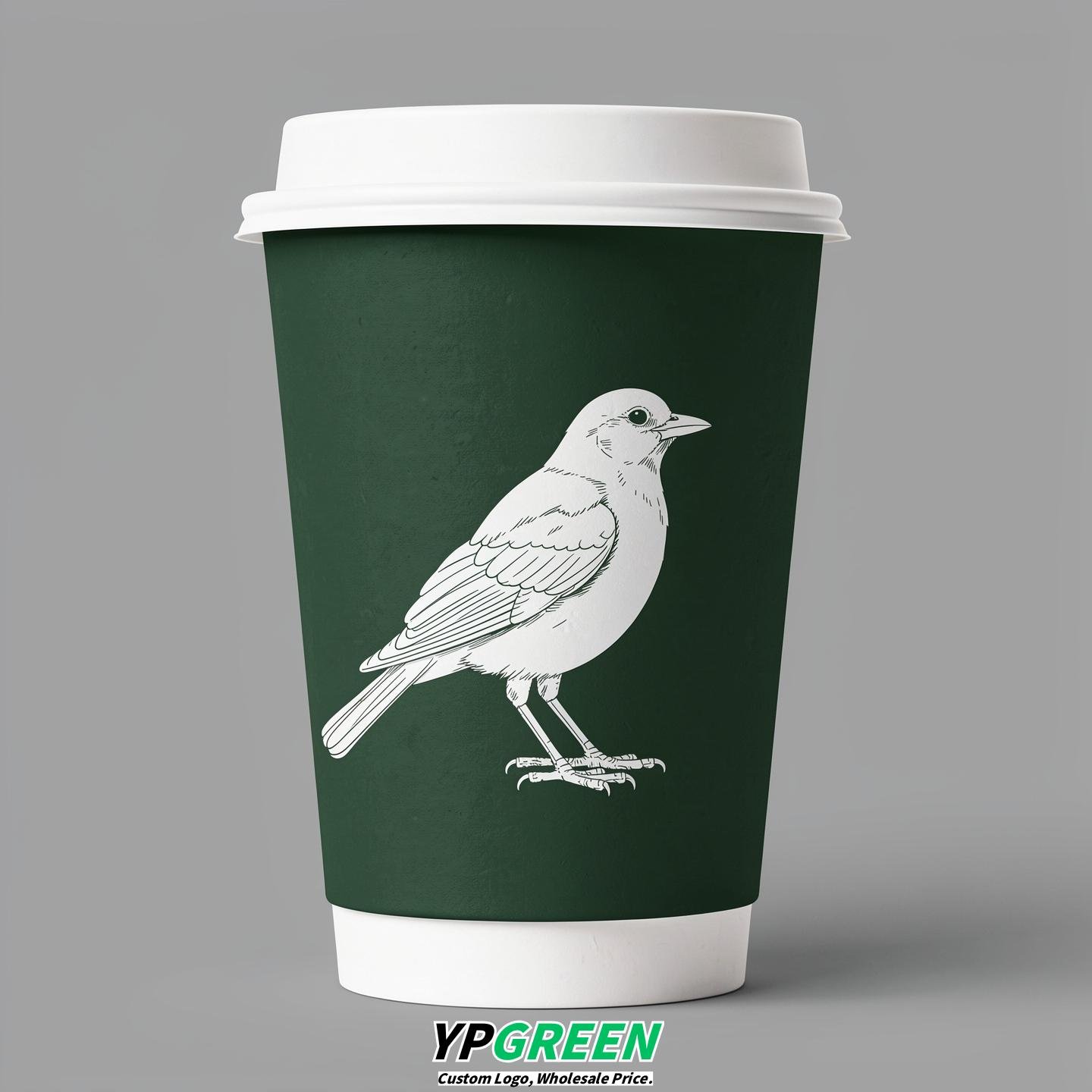 Forest Green Paper Cups with Bird Logo & Lids 8-24oz