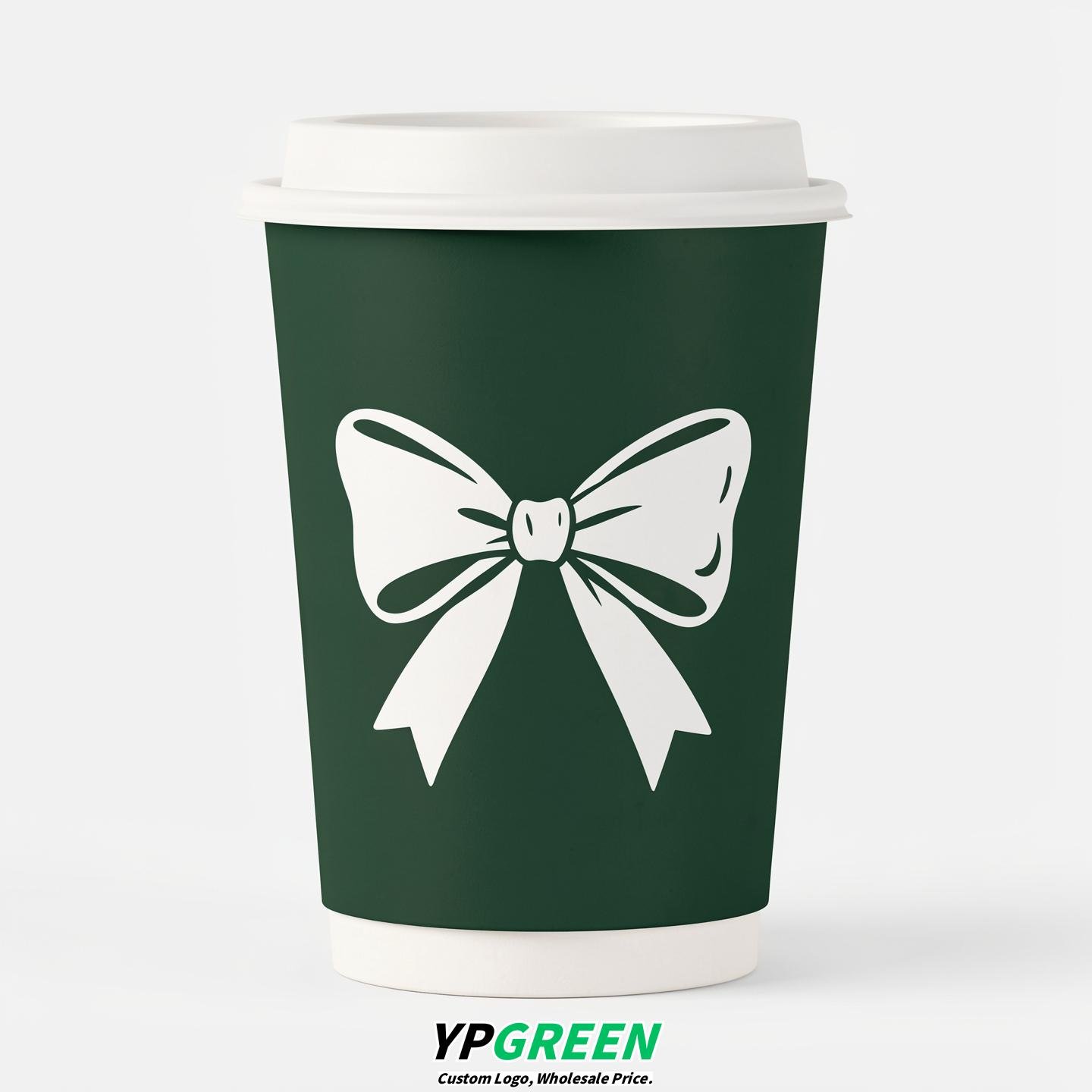 Forest Green Paper Cups with Bow Logo & Lids 8-24oz