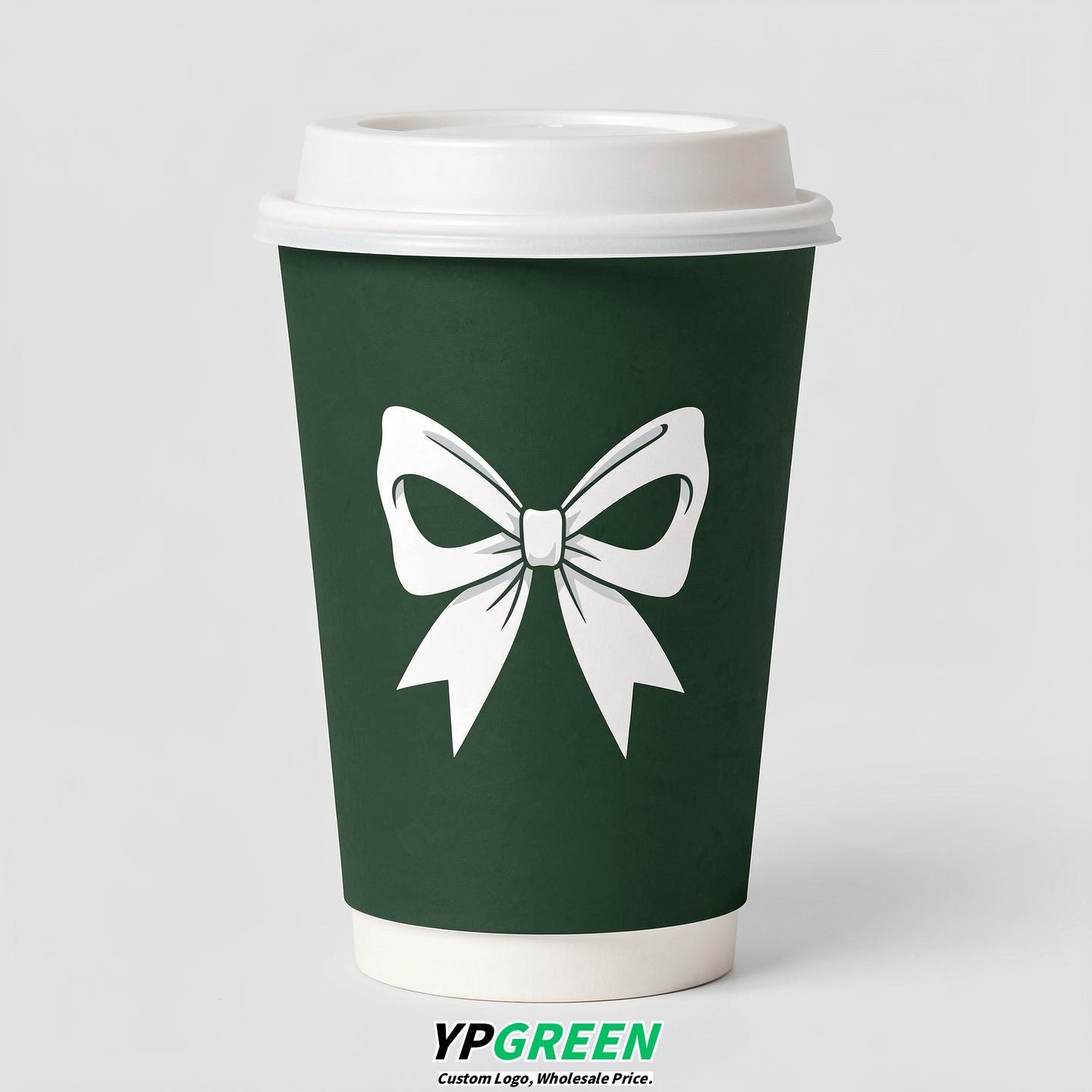Forest Green Paper Cups with Bow Logo & Lids 8-24oz