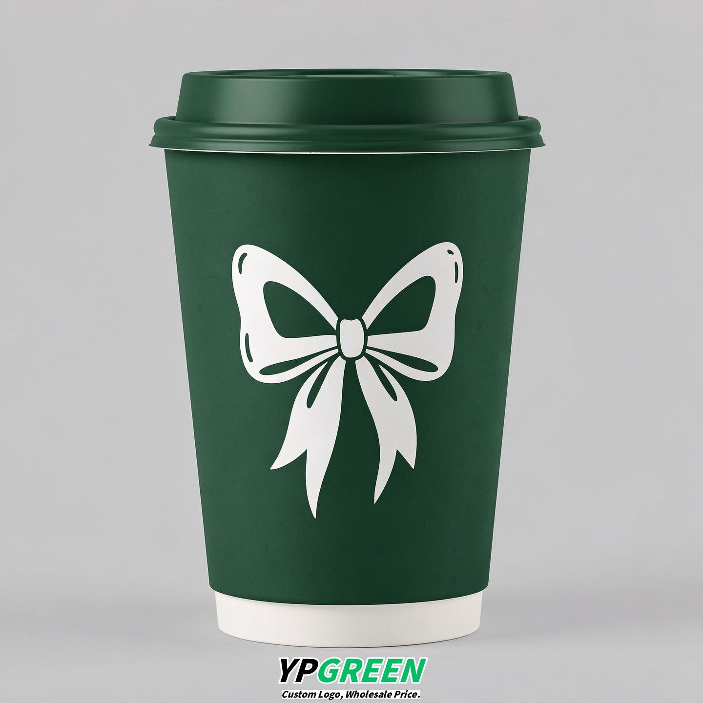 Forest Green Paper Cups with Bow Logo & Lids 8-24oz