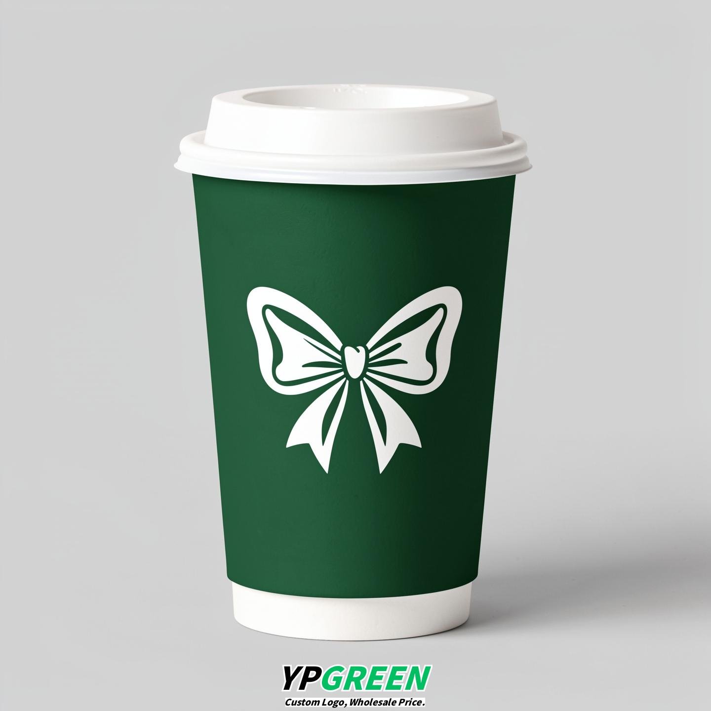Forest Green Paper Cups with Bow Logo & Lids 8-24oz