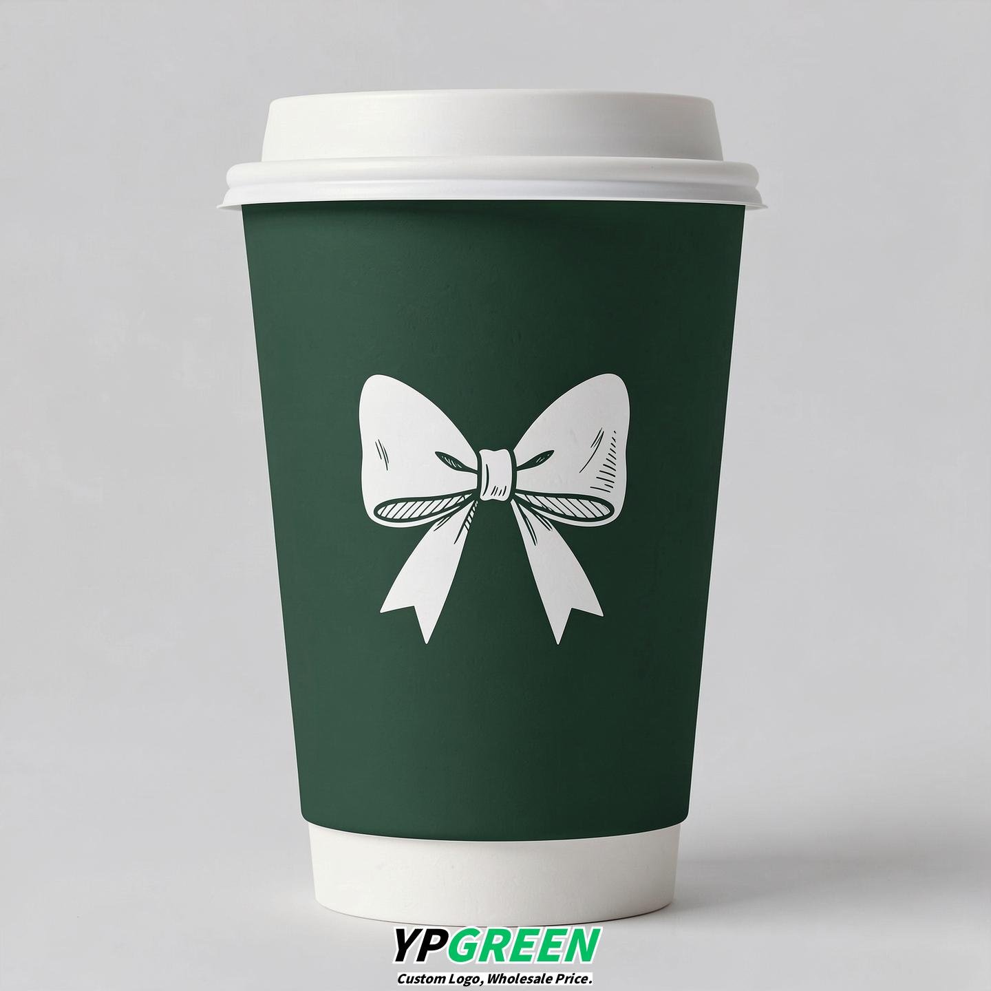 Forest Green Paper Cups with Bow Logo & Lids 8-24oz
