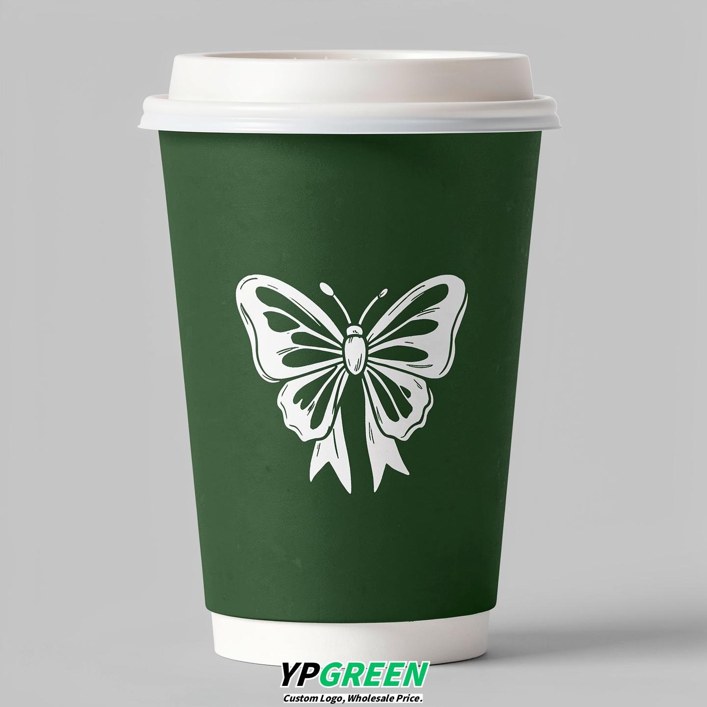 Forest Green Paper Cups with Bow Logo & Lids 8-24oz