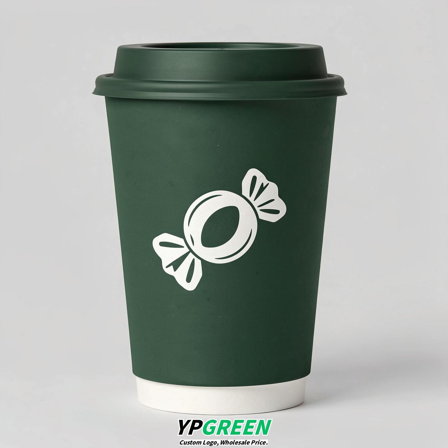 Forest Green Paper Cups with Candy Logo & Lids 8-24oz