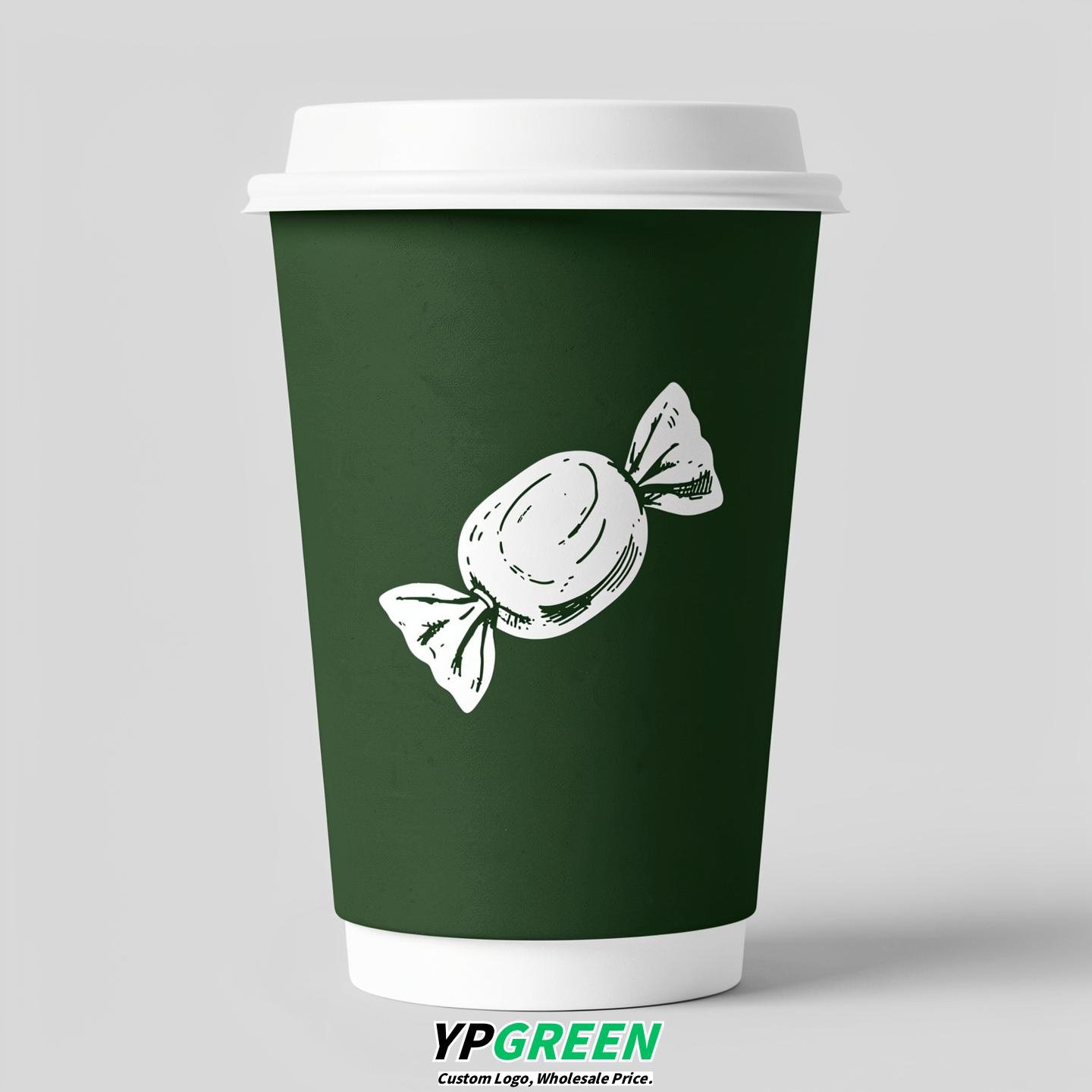 Forest Green Paper Cups with Candy Logo & Lids 8-24oz