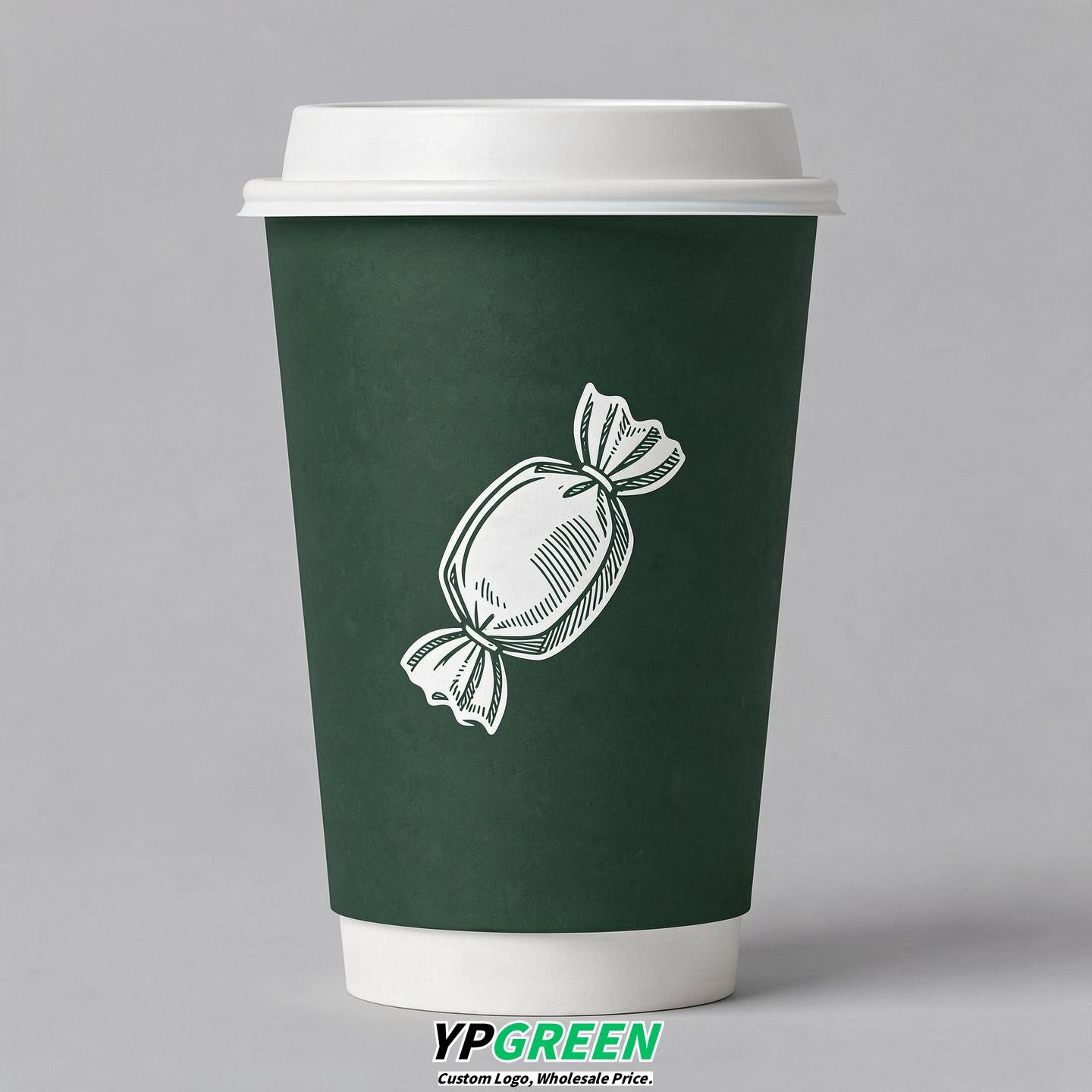 Forest Green Paper Cups with Candy Logo & Lids 8-24oz