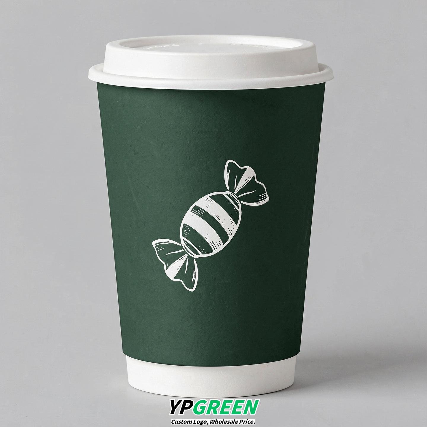 Forest Green Paper Cups with Candy Logo & Lids 8-24oz