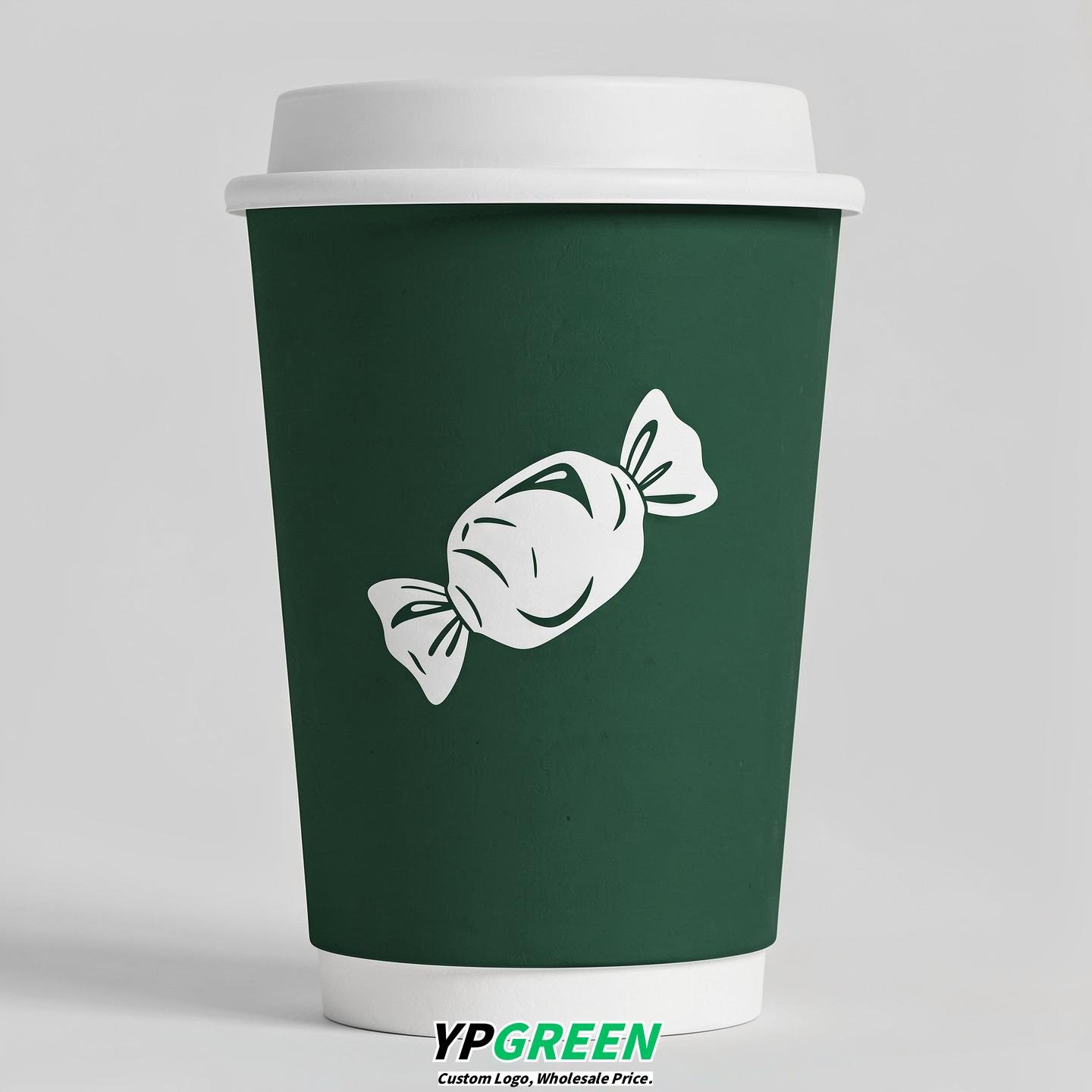 Forest Green Paper Cups with Candy Logo & Lids 8-24oz
