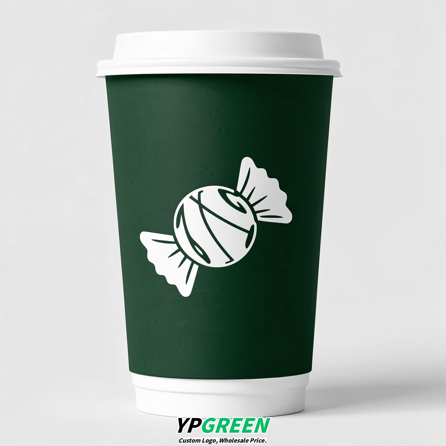 Forest Green Paper Cups with Candy Logo & Lids 8-24oz