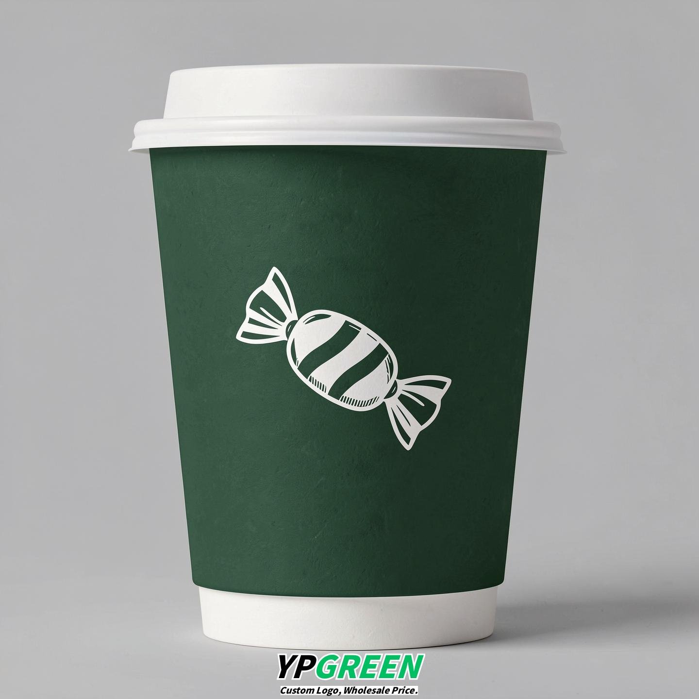 Forest Green Paper Cups with Candy Logo & Lids 8-24oz