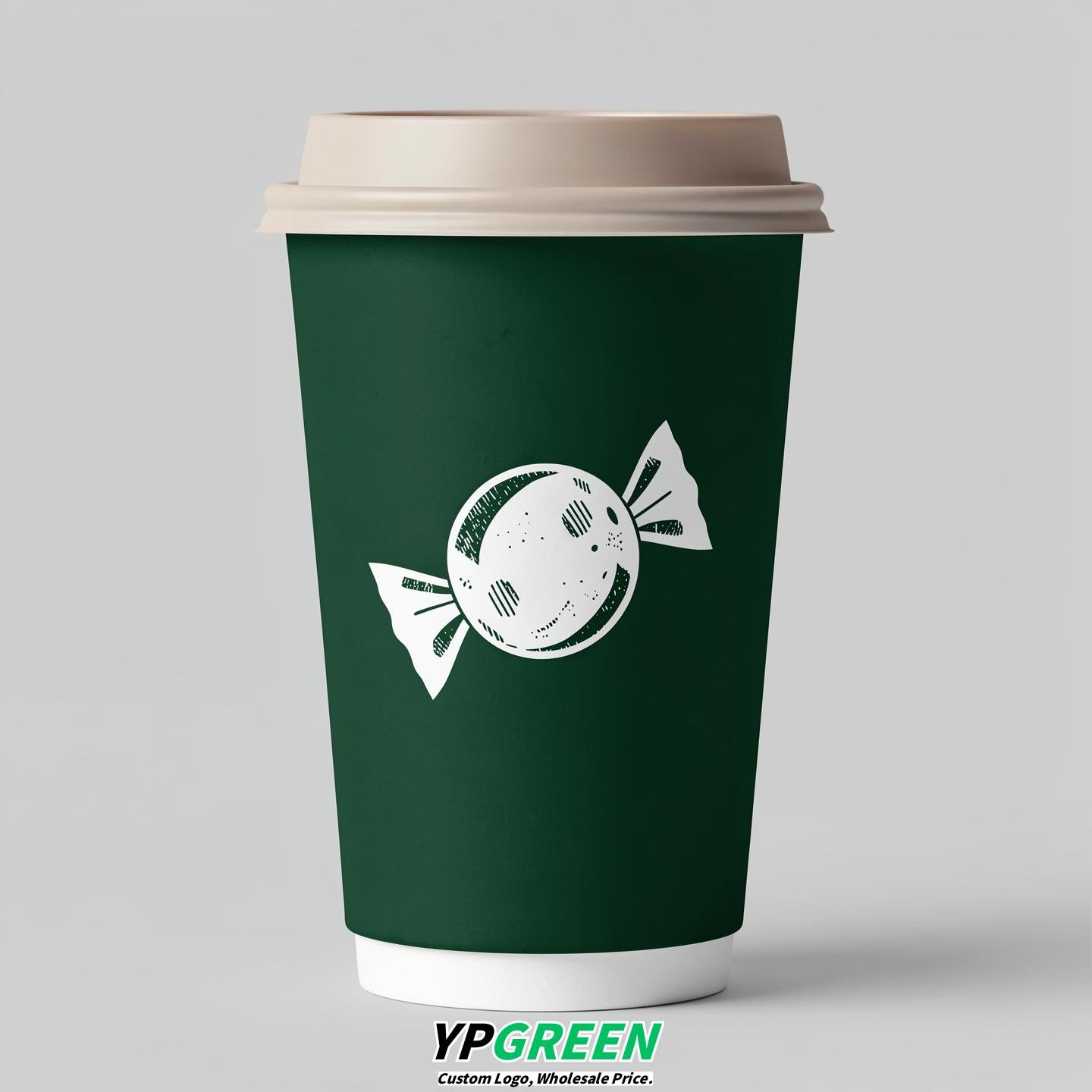 Forest Green Paper Cups with Candy Logo & Lids 8-24oz