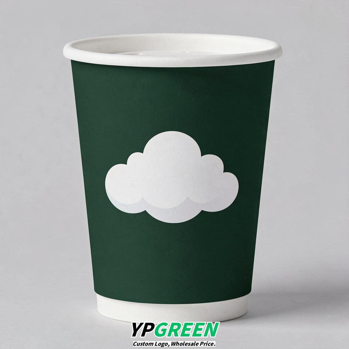 Forest Green Paper Cups with Clouds Logo & Lids 8-24oz
