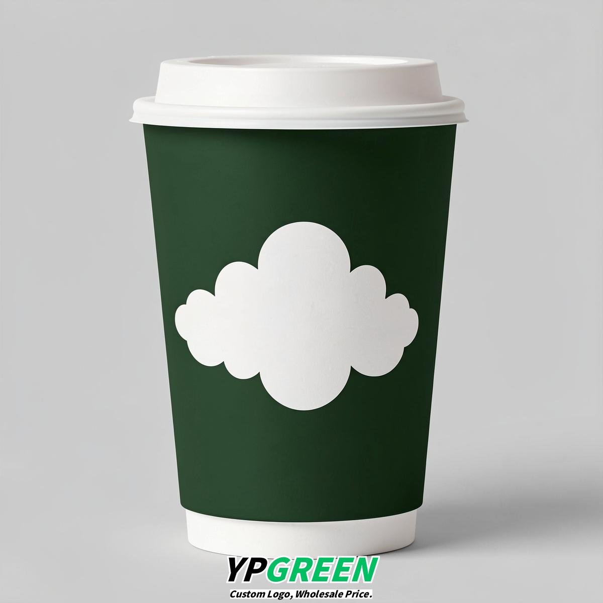 Forest Green Paper Cups with Clouds Logo & Lids 8-24oz