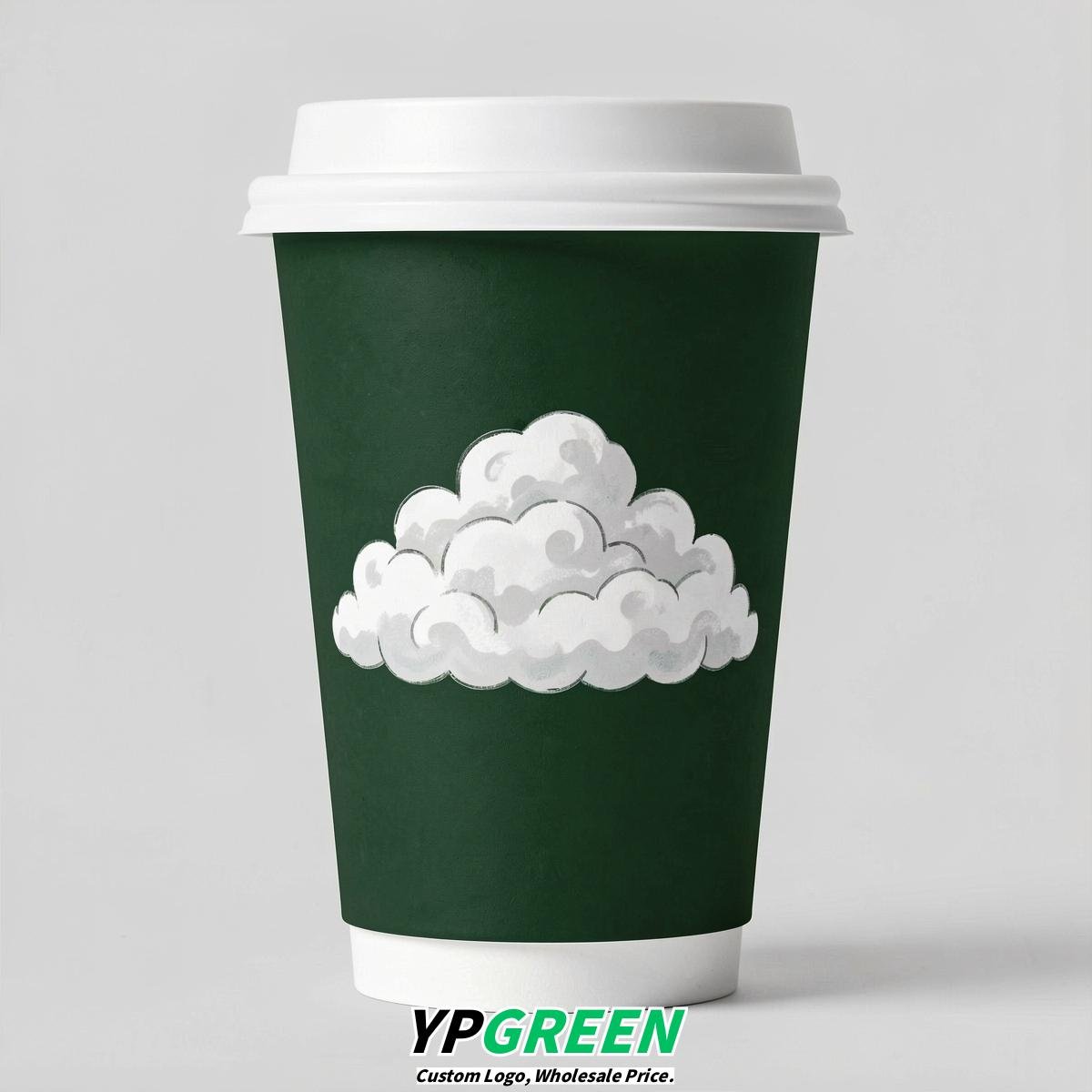 Forest Green Paper Cups with Clouds Logo & Lids 8-24oz