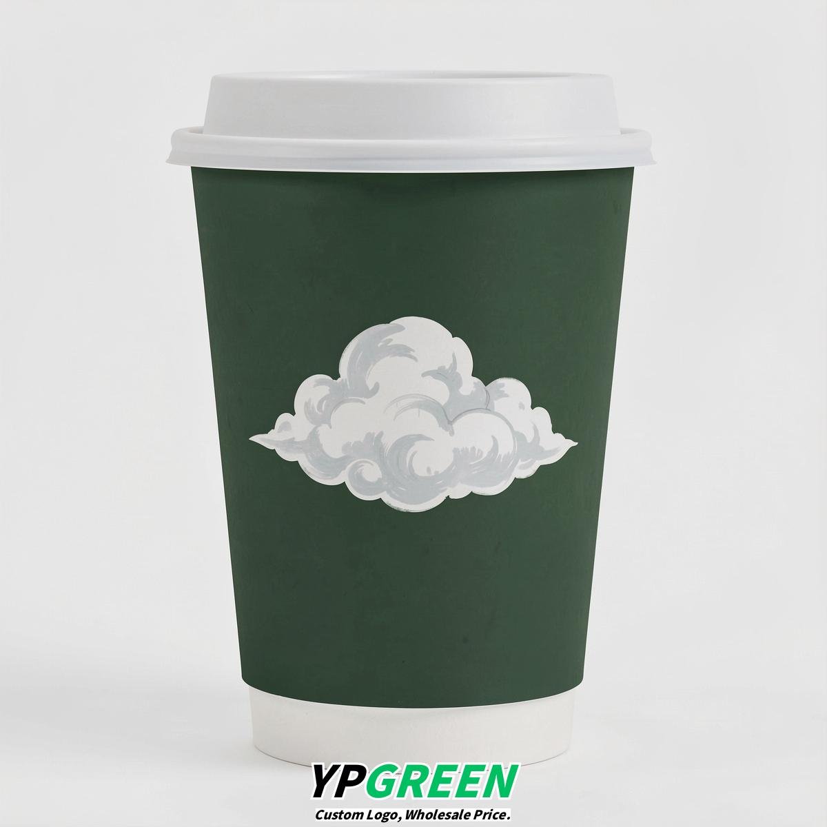 Forest Green Paper Cups with Clouds Logo & Lids 8-24oz