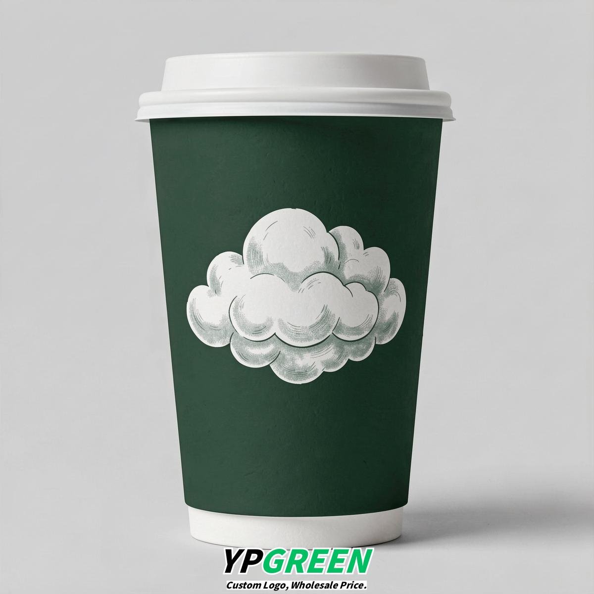 Forest Green Paper Cups with Clouds Logo & Lids 8-24oz