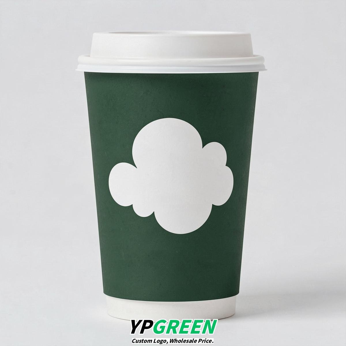Forest Green Paper Cups with Clouds Logo & Lids 8-24oz