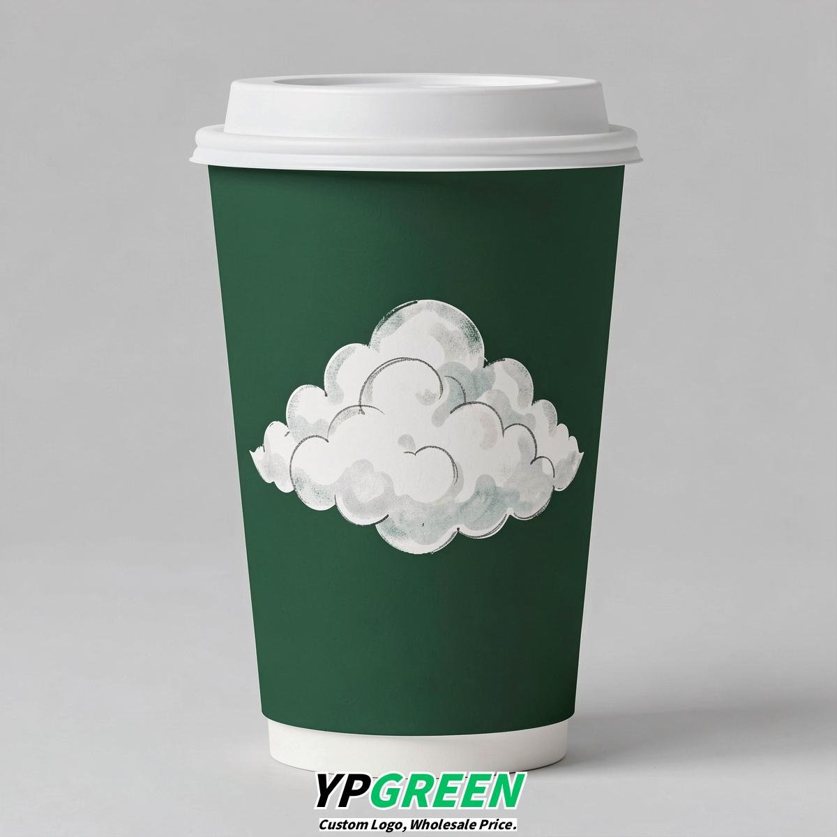 Forest Green Paper Cups with Clouds Logo & Lids 8-24oz