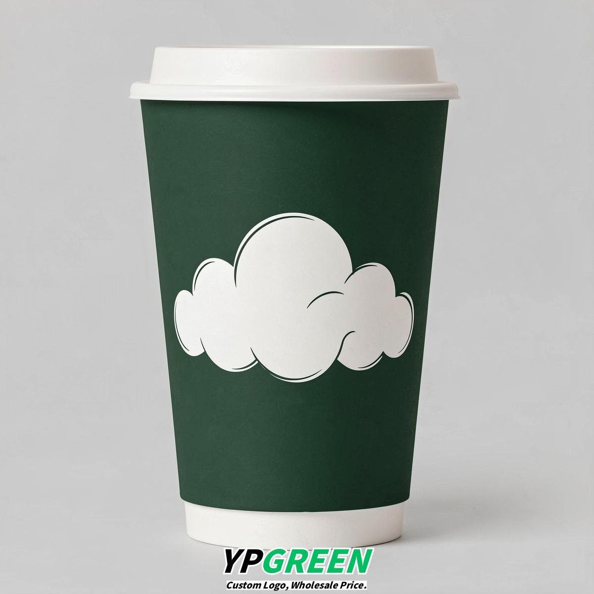 Forest Green Paper Cups with Clouds Logo & Lids 8-24oz