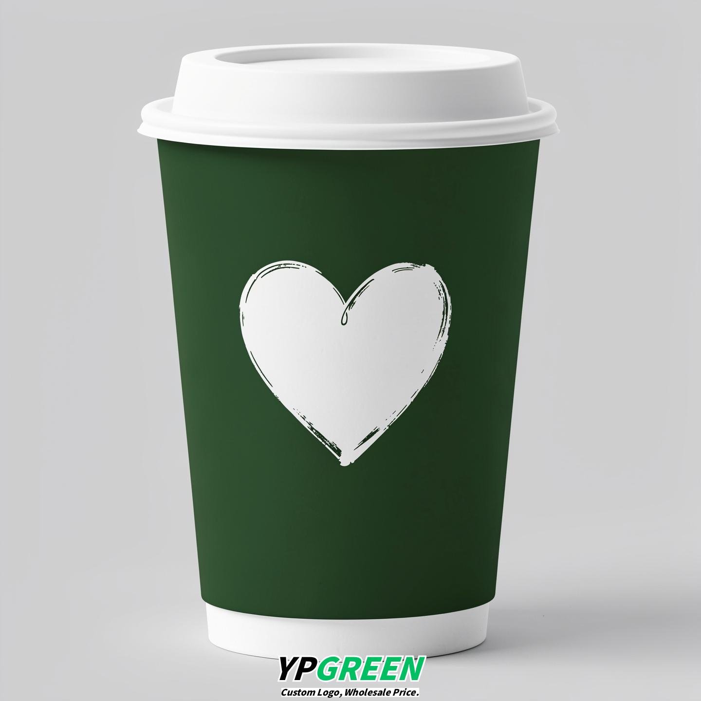 Forest Green Heart Paper Cups with Lids 8-24oz
