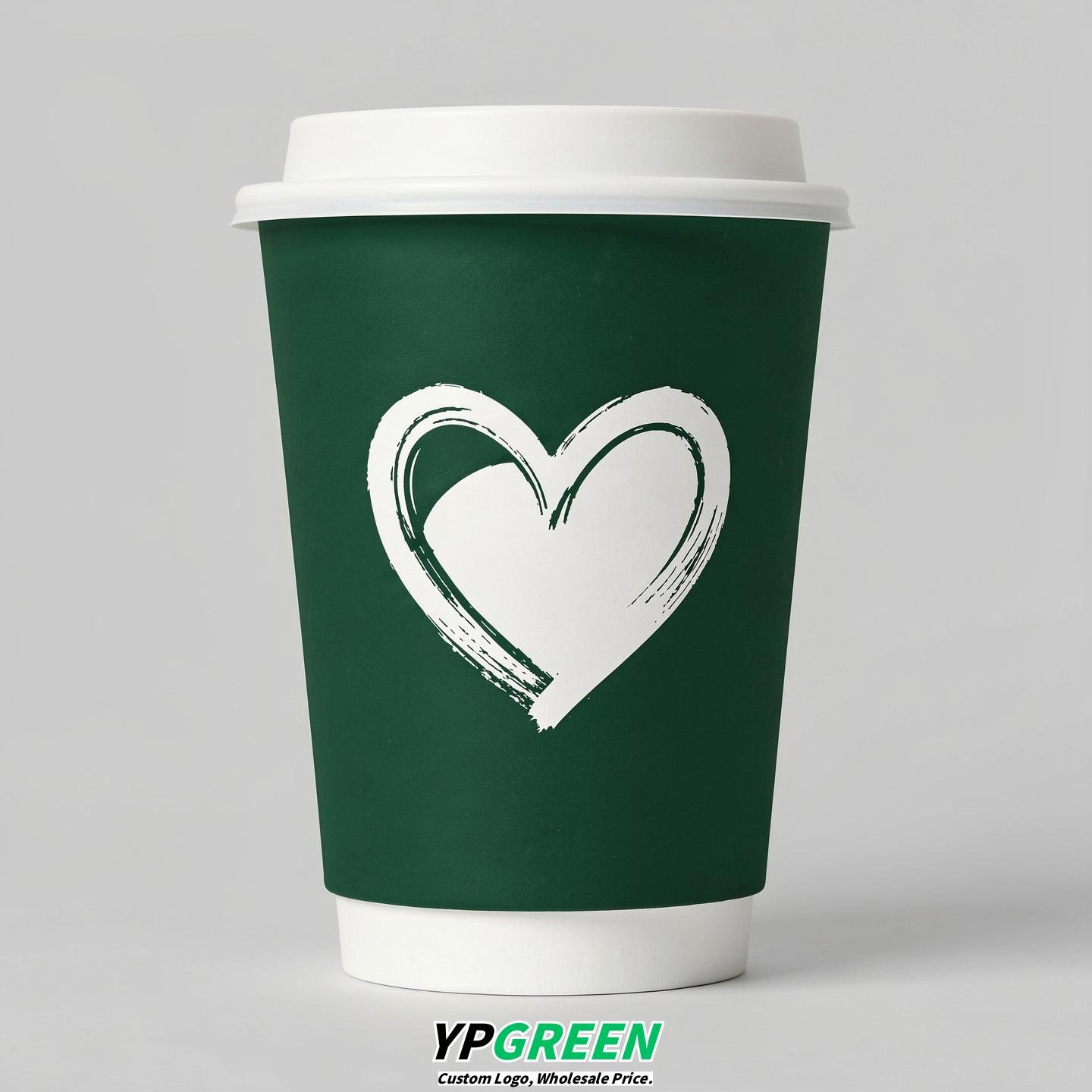 Forest Green Heart Paper Cups with Lids 8-24oz