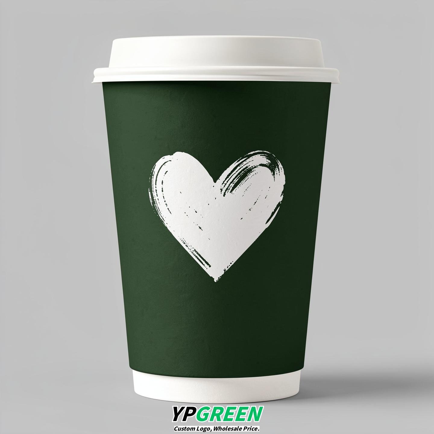 Forest Green Heart Paper Cups with Lids 8-24oz