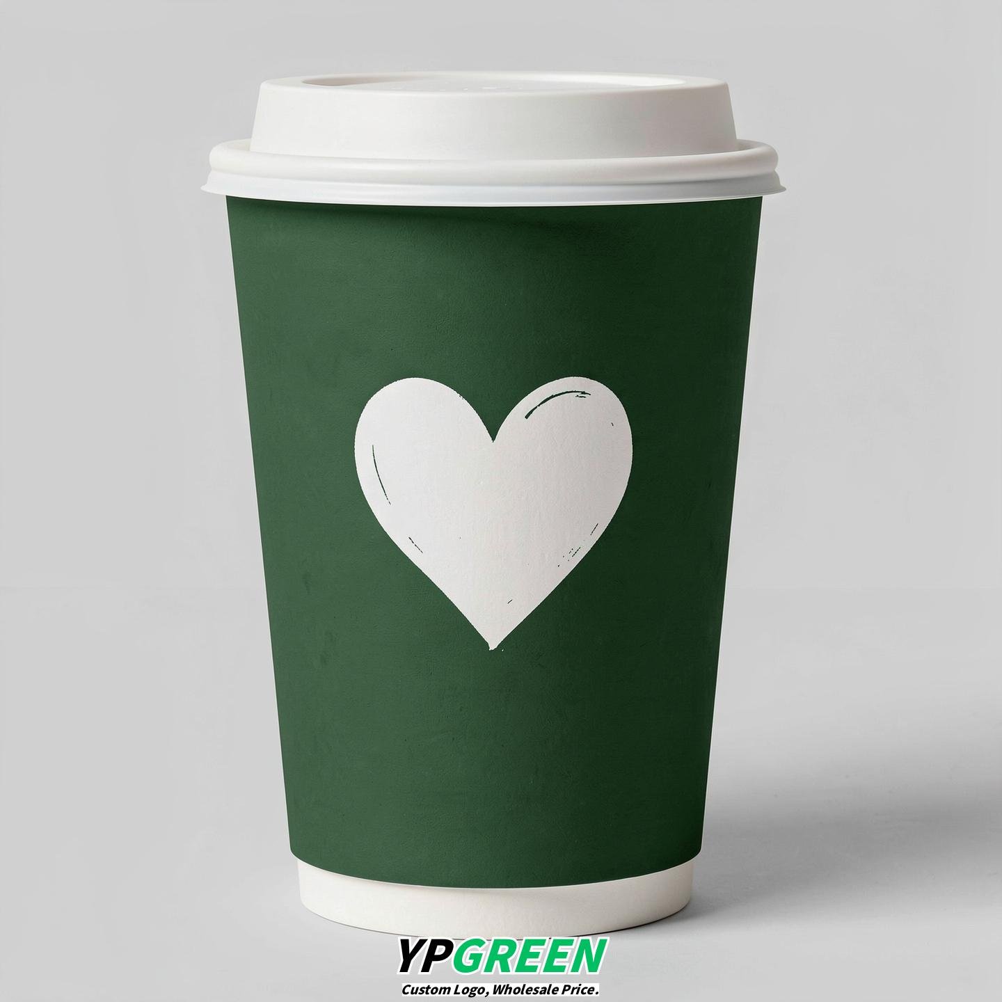 Forest Green Heart Paper Cups with Lids 8-24oz