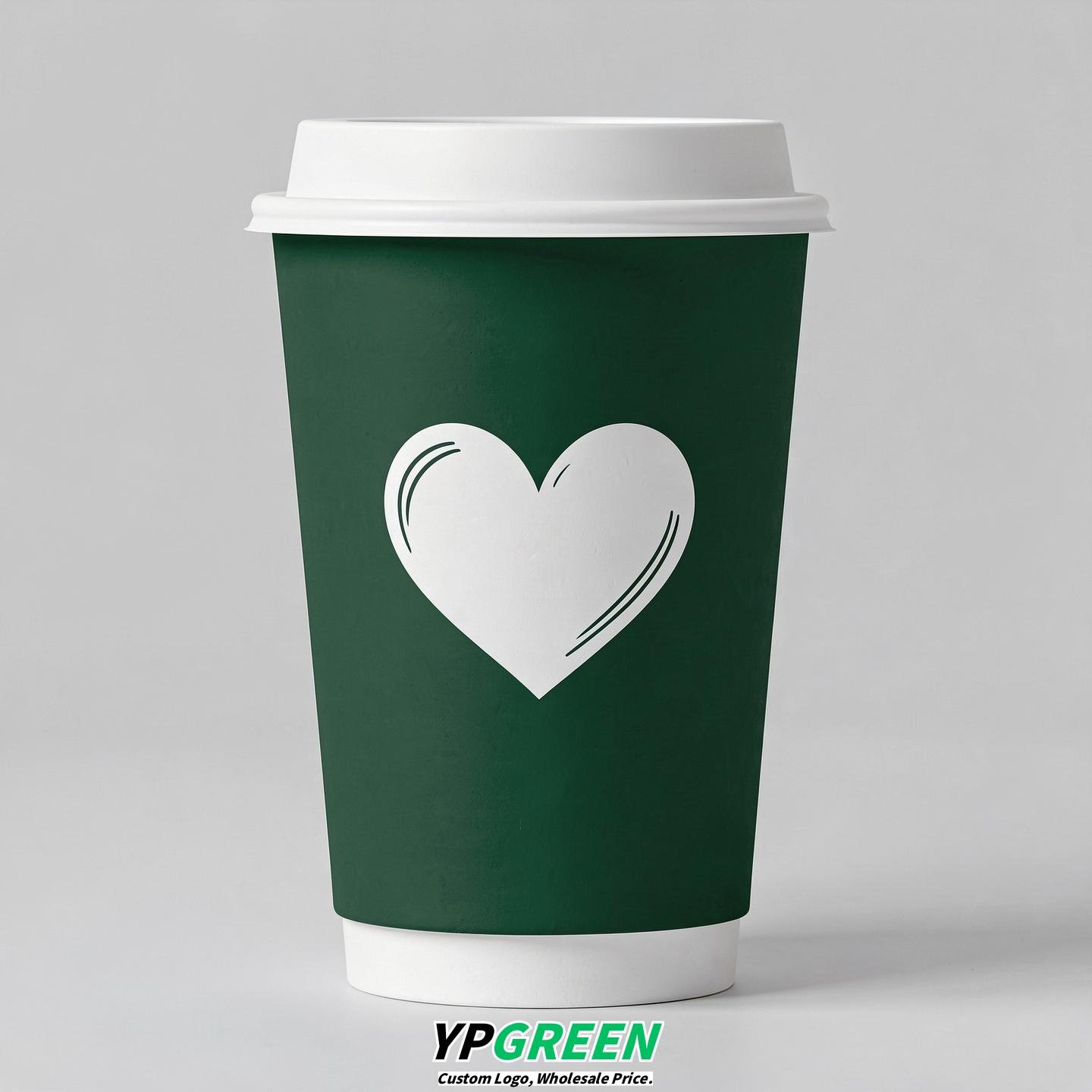 Forest Green Heart Paper Cups with Lids 8-24oz