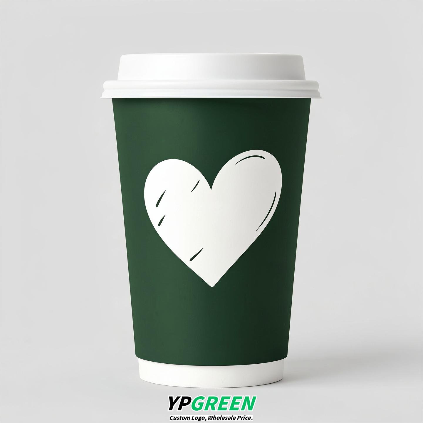 Forest Green Heart Paper Cups with Lids 8-24oz
