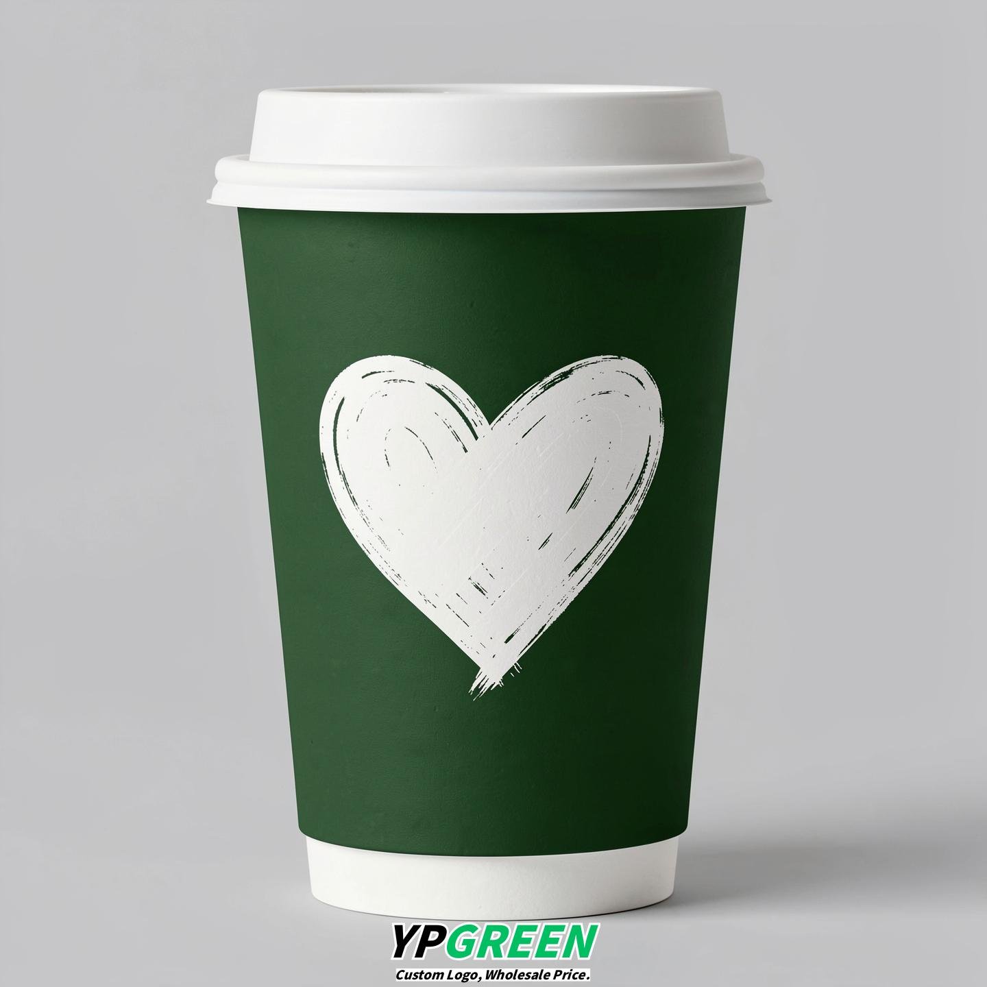 Forest Green Heart Paper Cups with Lids 8-24oz