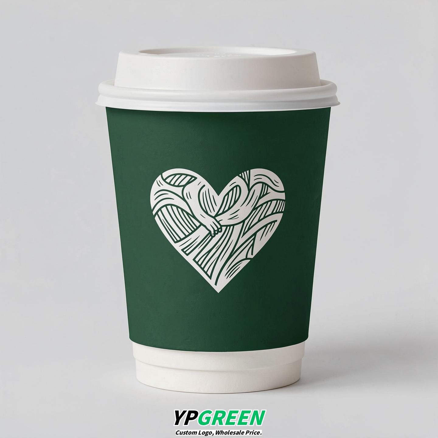 Forest Green Heart Paper Cups with Lids 8-24oz