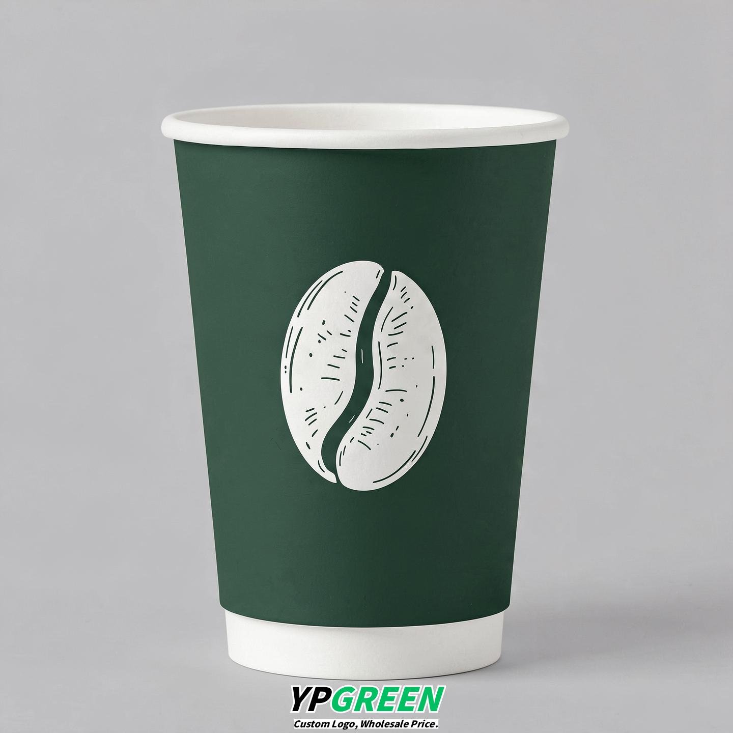 Forest Green Paper Cups with Coffee Bean Logo & Lids 8-24oz
