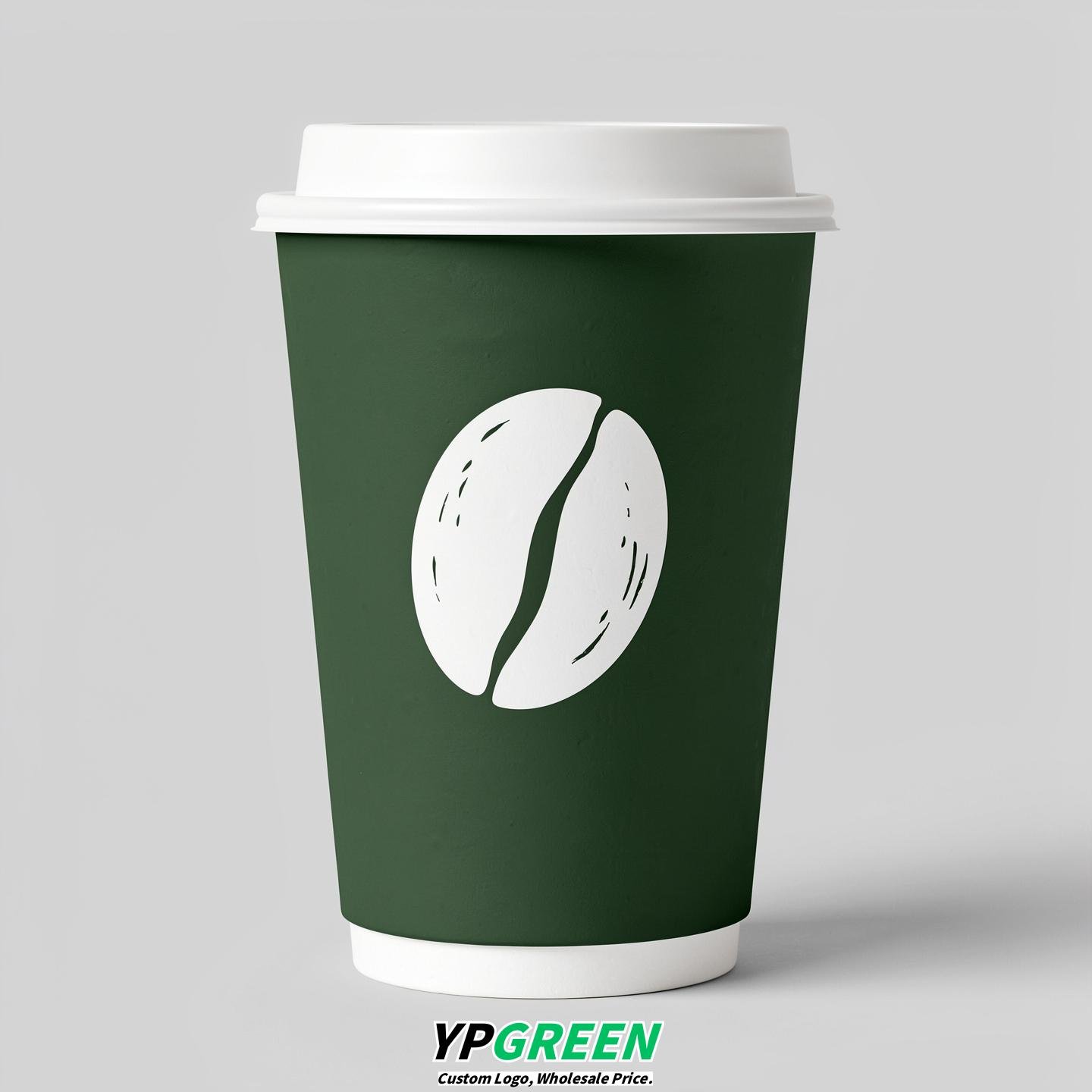 Forest Green Paper Cups with Coffee Bean Logo & Lids 8-24oz
