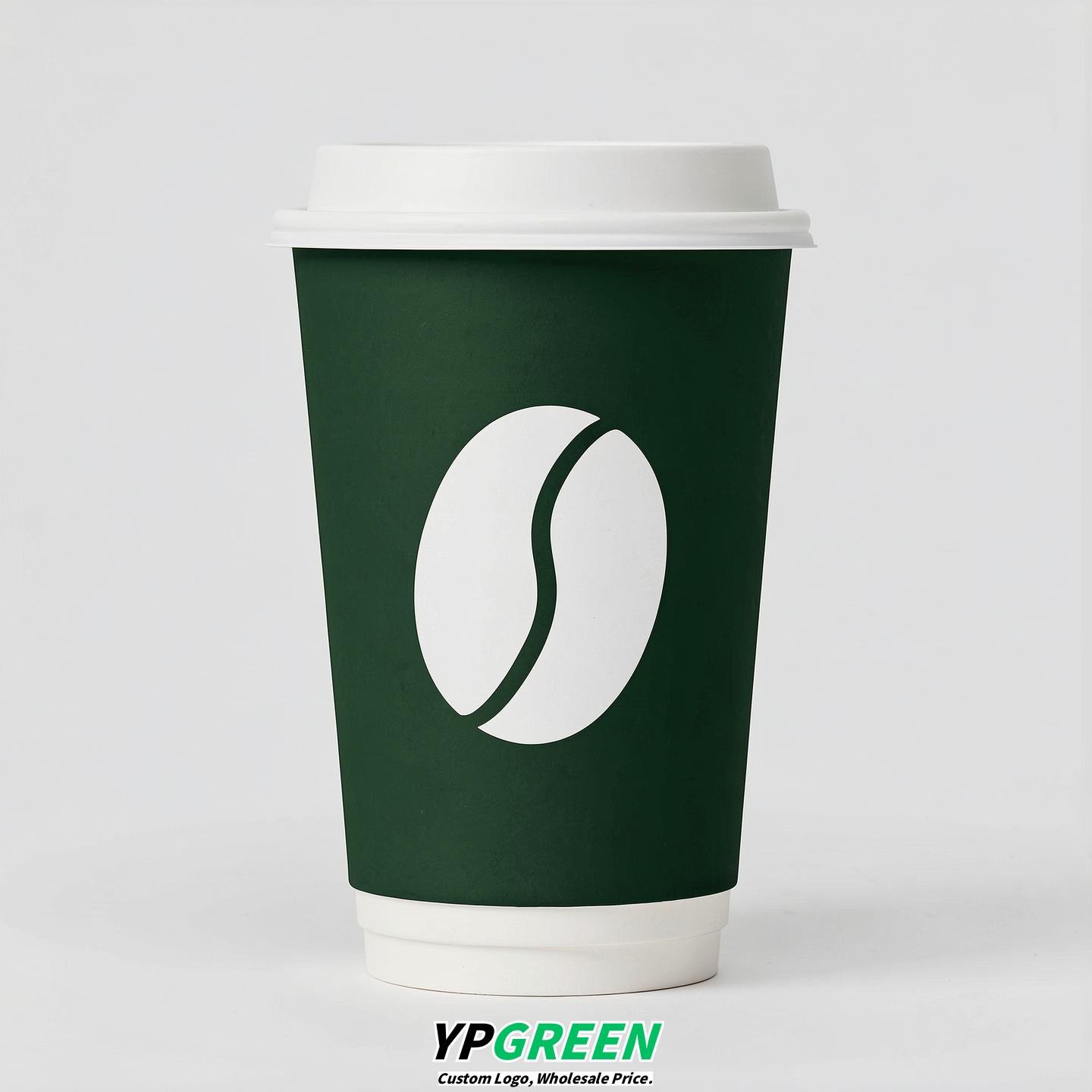 Forest Green Paper Cups with Coffee Bean Logo & Lids 8-24oz