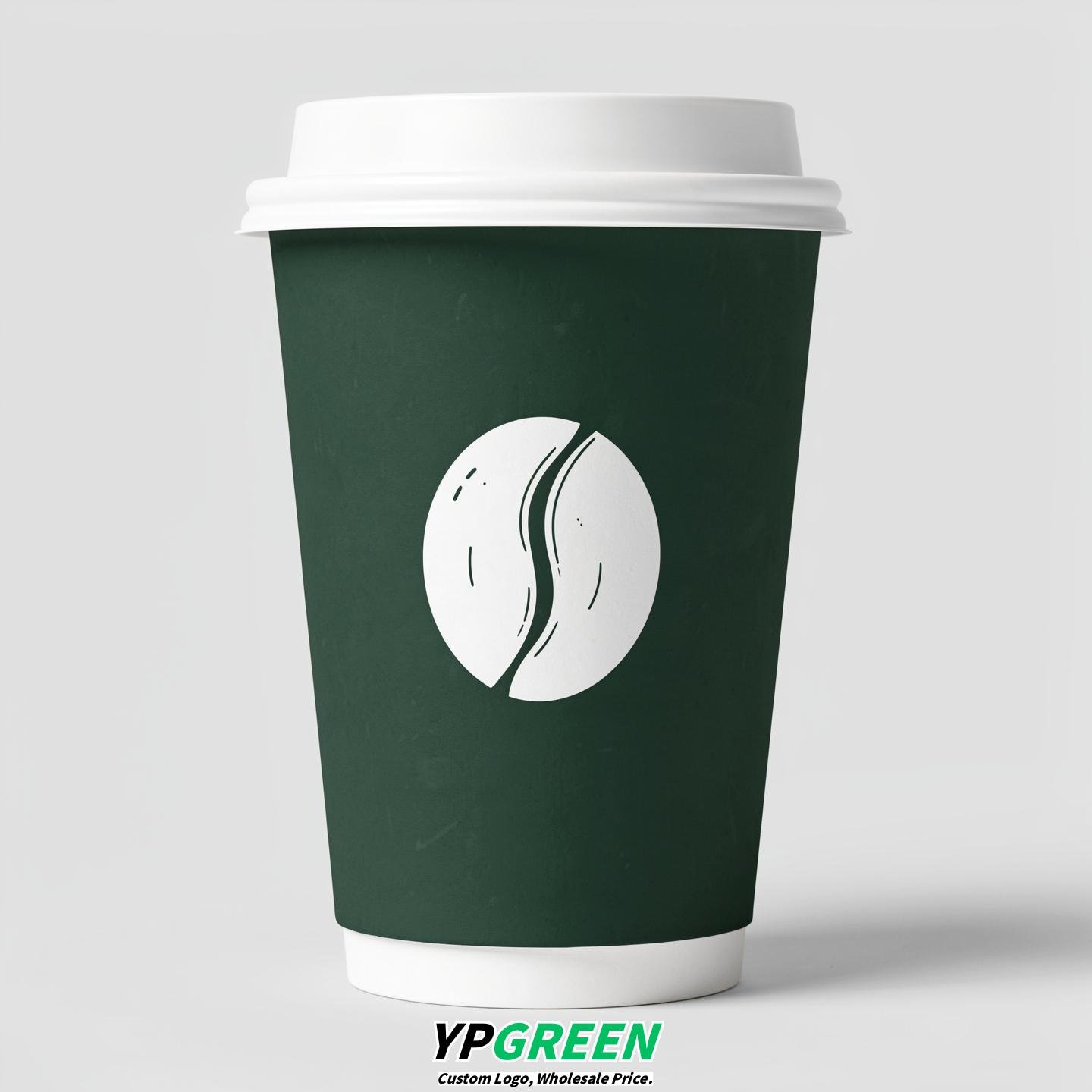 Forest Green Paper Cups with Coffee Bean Logo & Lids 8-24oz