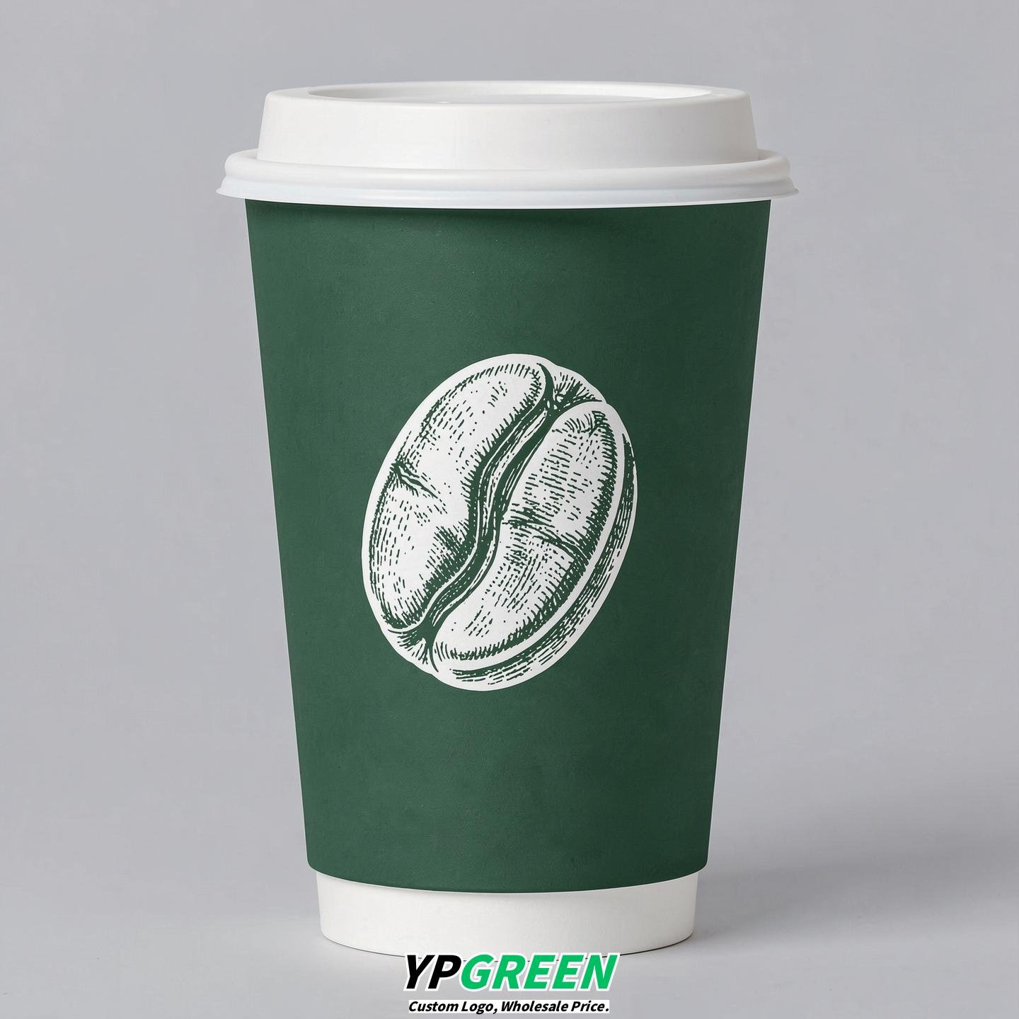 Forest Green Paper Cups with Coffee Bean Logo & Lids 8-24oz